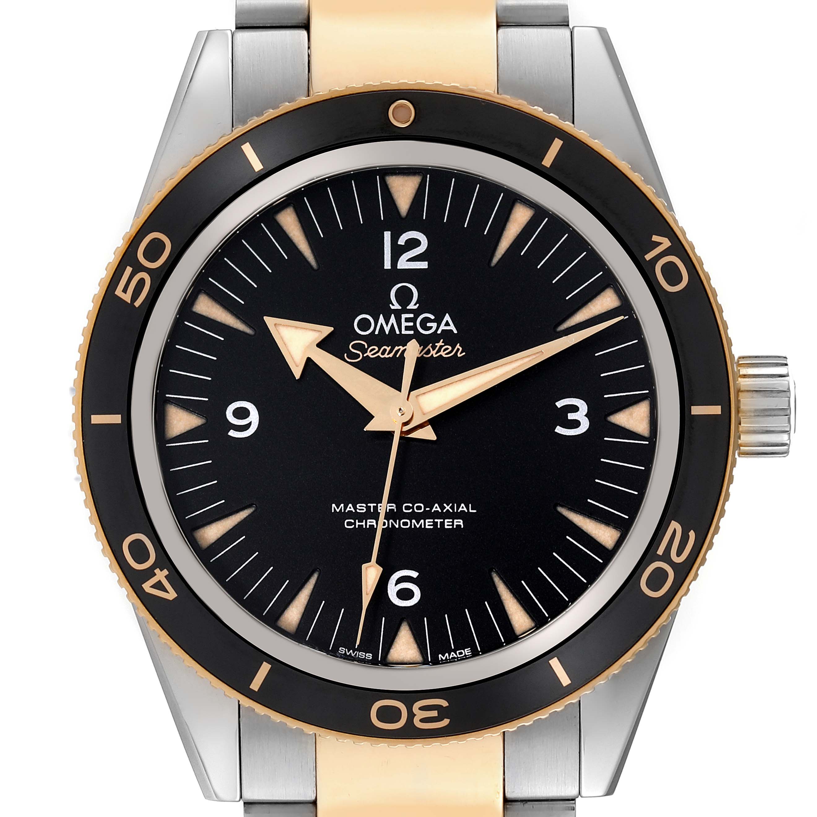 This image shows a front view of the Omega Seamaster 233.20.41.21.01.002 Men's Steel and Gold (two tone) Black Dial 233.20.41.21.01.002 Men's Steel and Gold (two tone) Black Dial watch, displaying its bezel, dial, and part of the metal strap.