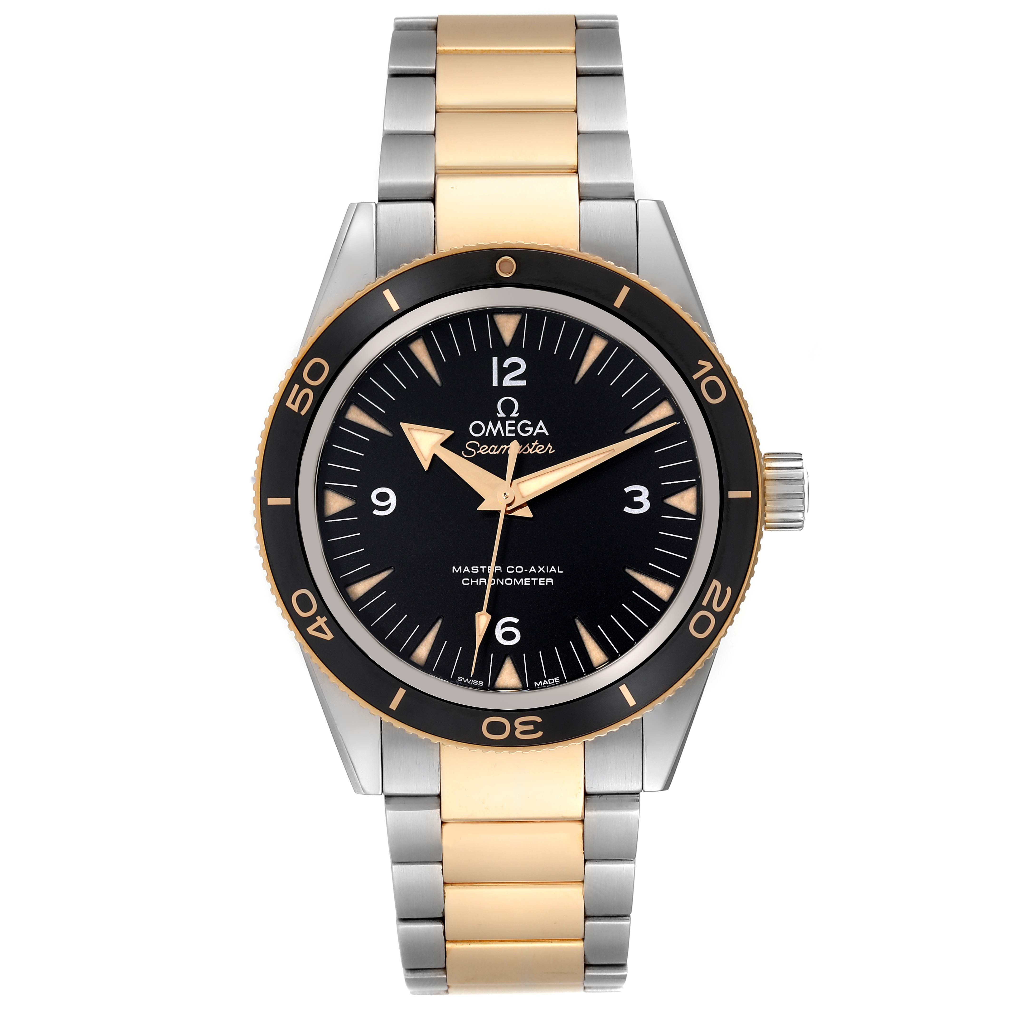 The watch is shown from the front, displaying the face, bezel, crown, and part of the bracelet of the Omega Seamaster 233.20.41.21.01.002 Men's Steel and Gold (two tone) Black Dial 233.20.41.21.01.002 Men's Steel and Gold (two tone) Black Dial.