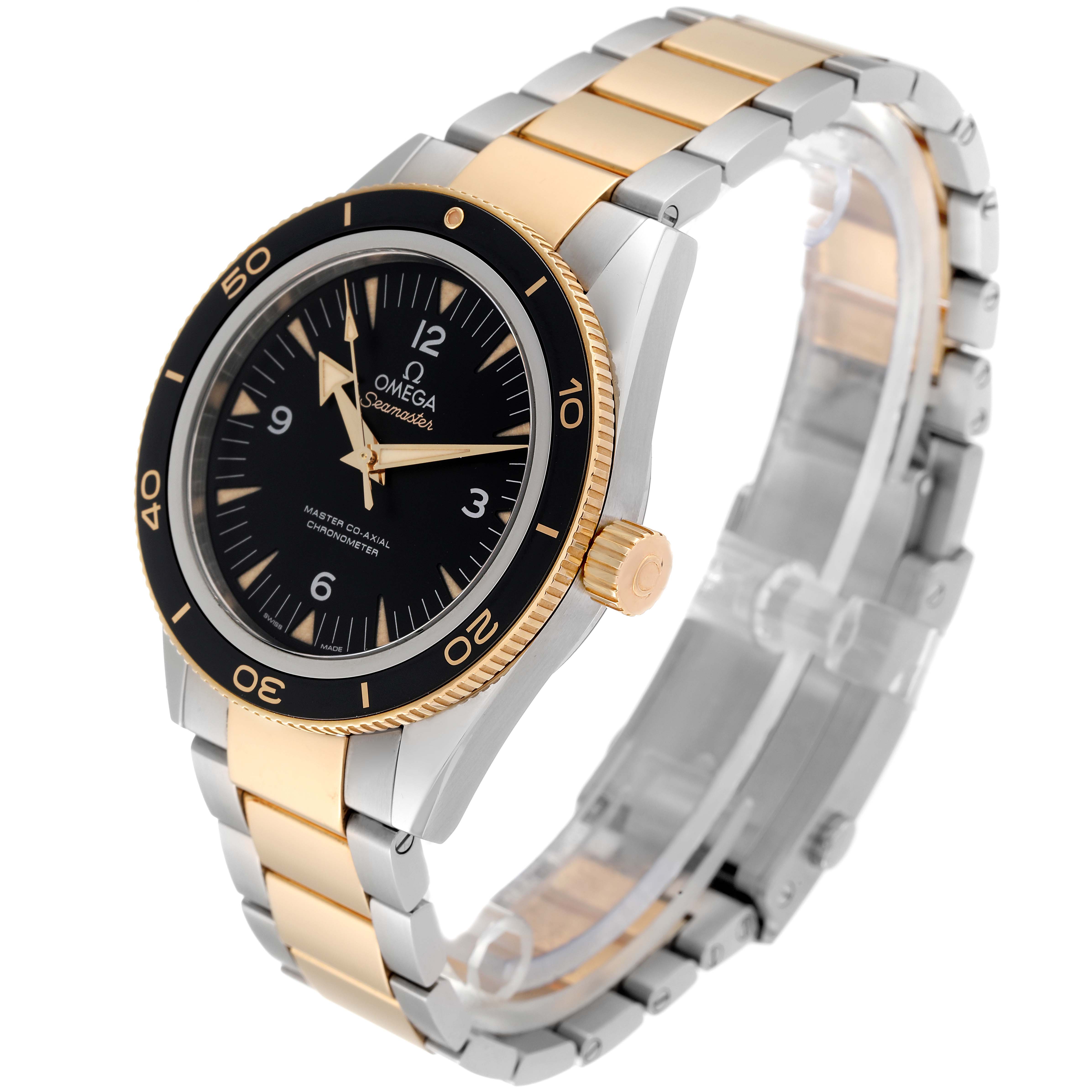 This Omega Seamaster 233.20.41.21.01.002 Men's Steel and Gold (two tone) Black Dial 233.20.41.21.01.002 Men's Steel and Gold (two tone) Black Dial watch is shown at a three-quarter angle, highlighting its black dial, bezel, and two-tone bracelet.