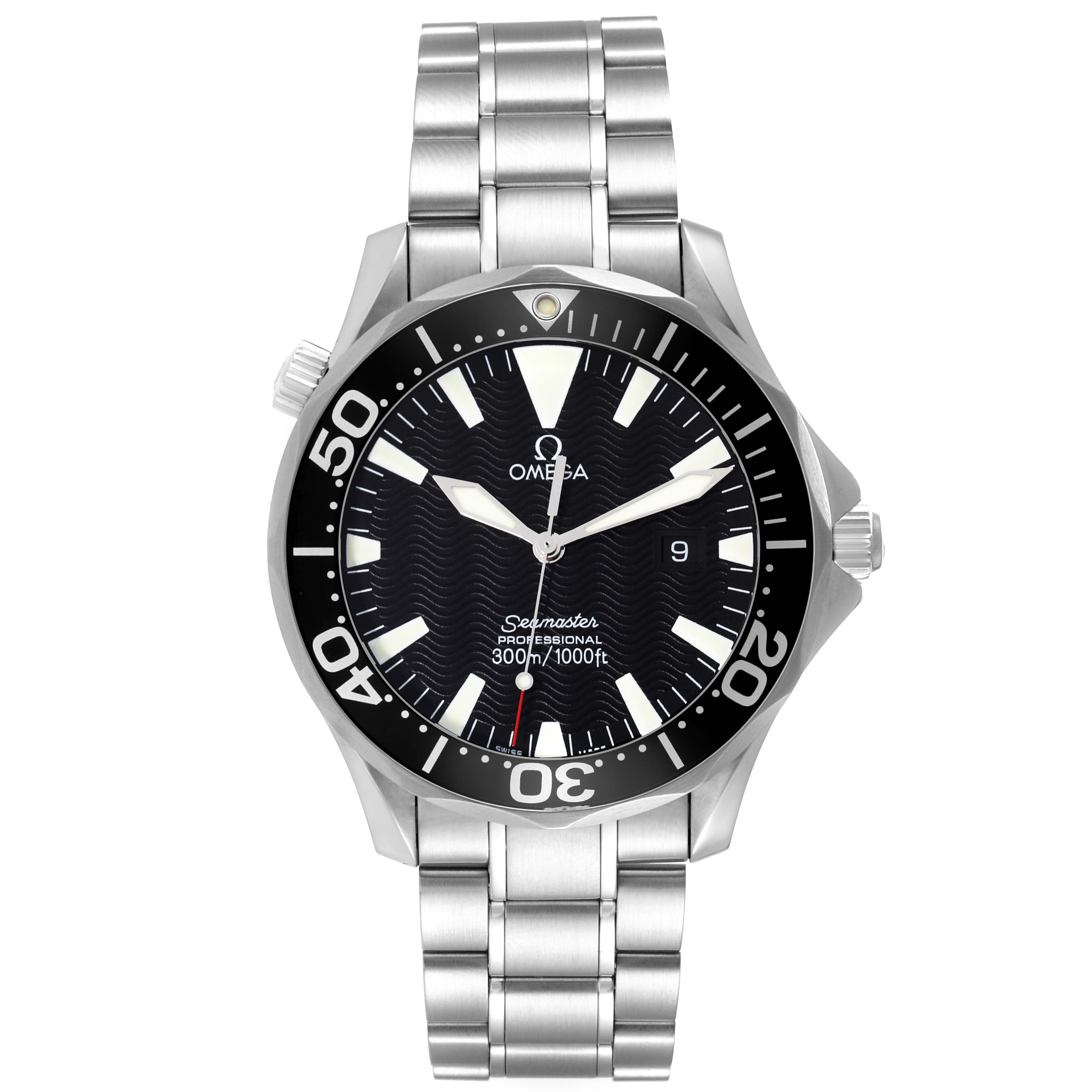 The image shows a front view of an Omega Seamaster 2264.50.00 Men
s Stainless Steel Black Dial 2264.50.00 Men
s Stainless Steel Black Dial watch, highlighting its face, bezel, and stainless steel bracelet.