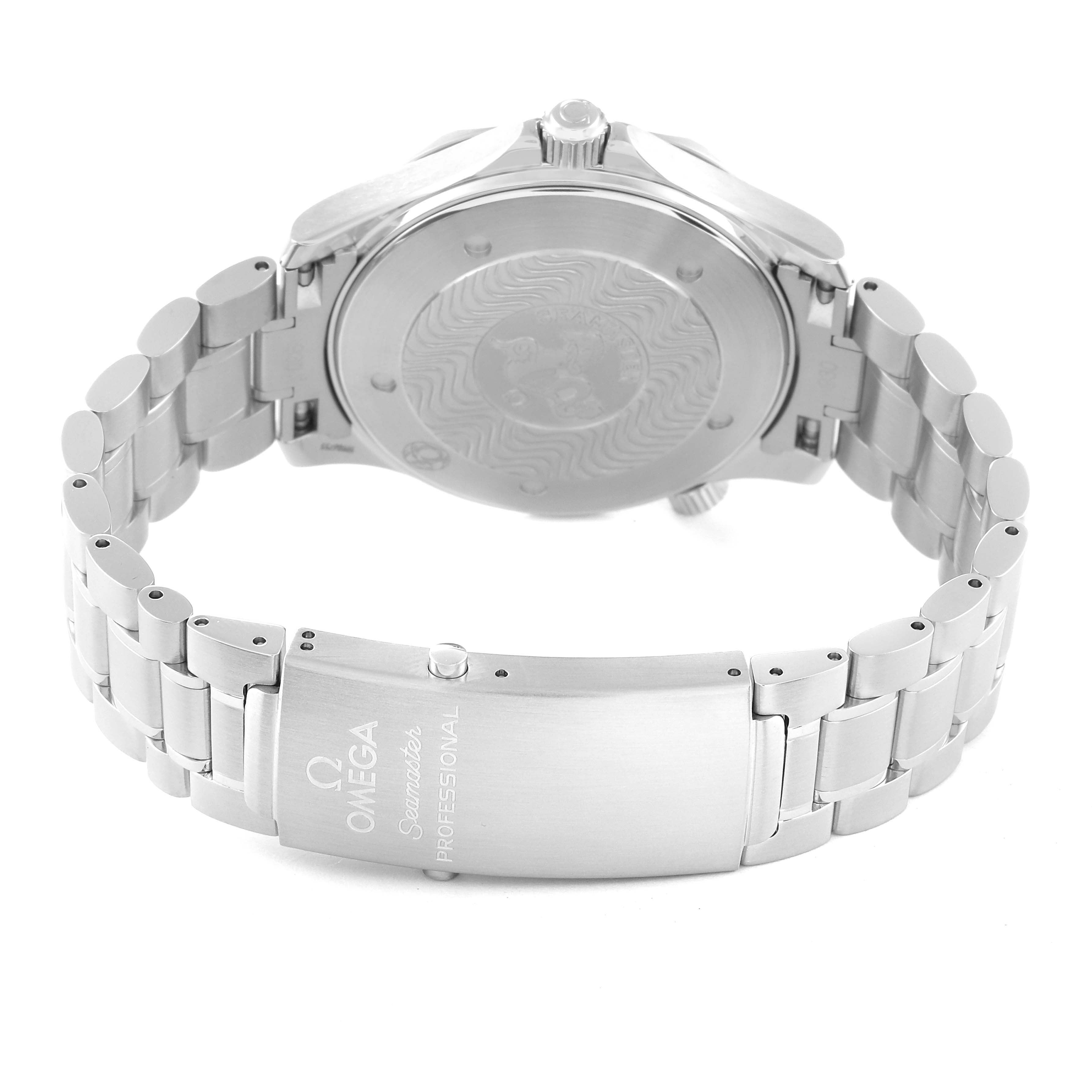 The image shows the back view of an Omega Seamaster 2264.50.00 Men
s Stainless Steel Black Dial 2264.50.00 Men
s Stainless Steel Black Dial watch, displaying its case back and metallic bracelet with the clasp.