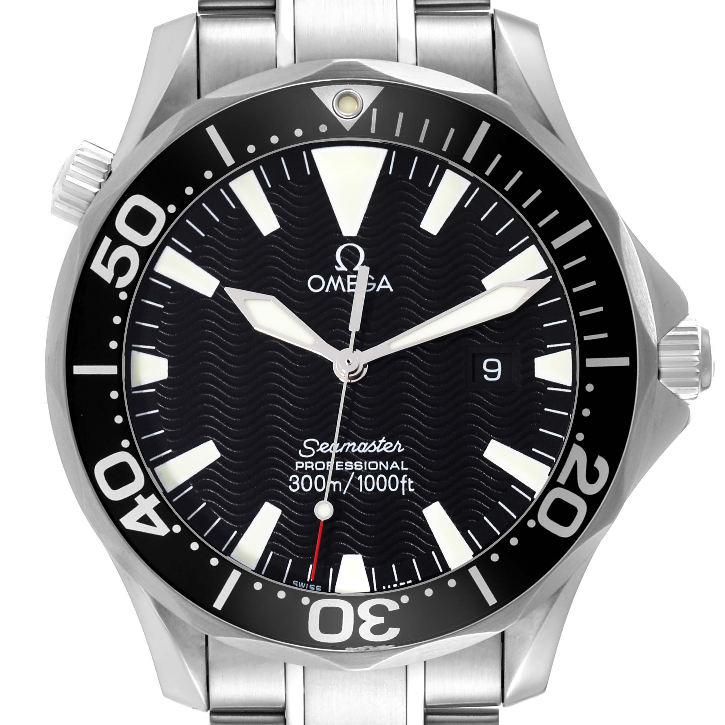 The image shows a front view of the Omega Seamaster 2264.50.00 Men
s Stainless Steel Black Dial 2264.50.00 Men
s Stainless Steel Black Dial watch, highlighting the dial, bezel, and part of the stainless steel bracelet.