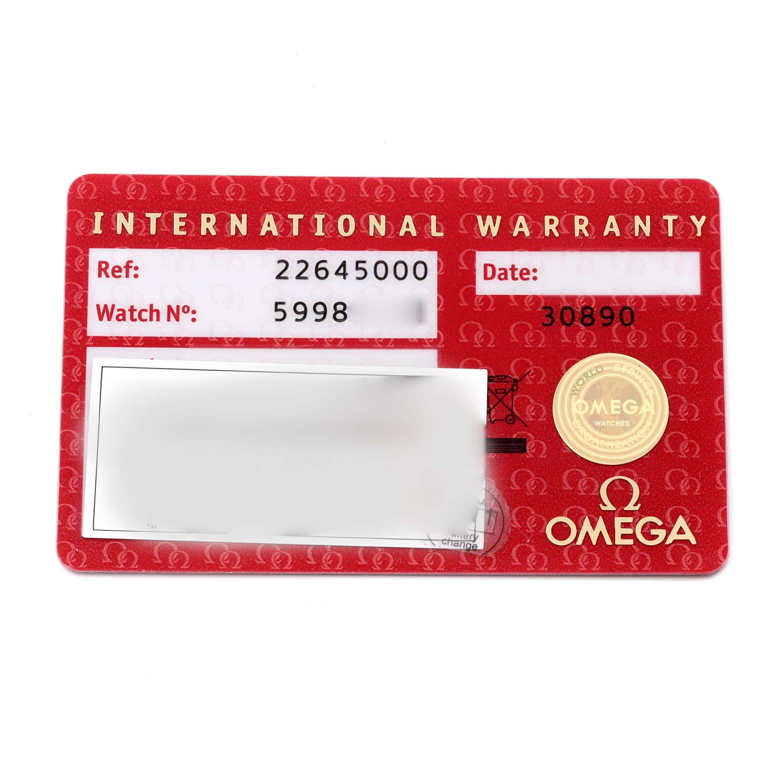 This image shows the International Warranty card for an Omega Seamaster 2264.50.00 Men
s Stainless Steel Black Dial 2264.50.00 Men
s Stainless Steel Black Dial watch, displaying reference and watch numbers.