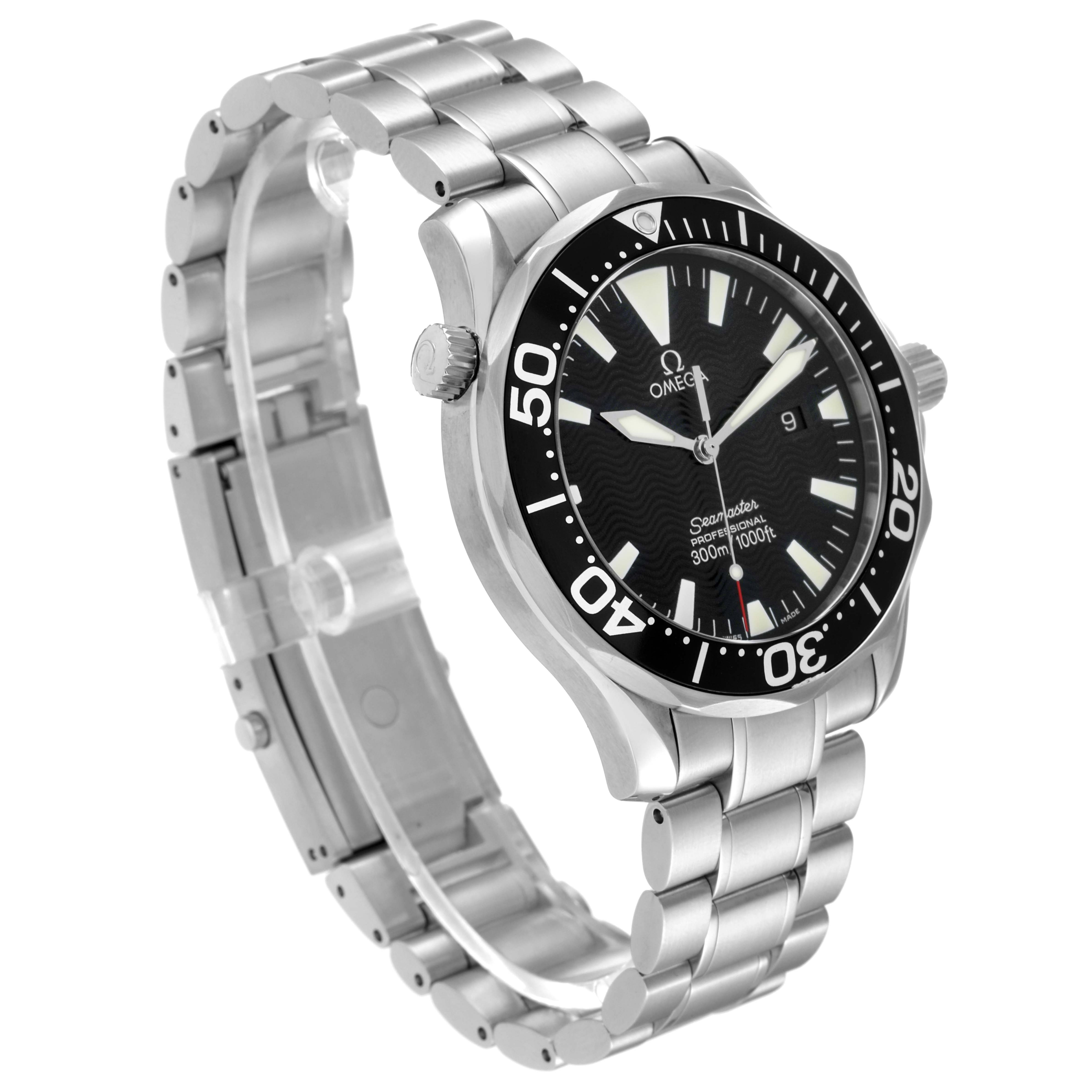 This image shows an Omega Seamaster 2264.50.00 Men
s Stainless Steel Black Dial 2264.50.00 Men
s Stainless Steel Black Dial watch at an angle highlighting the face, bezel, crown, and stainless steel bracelet.