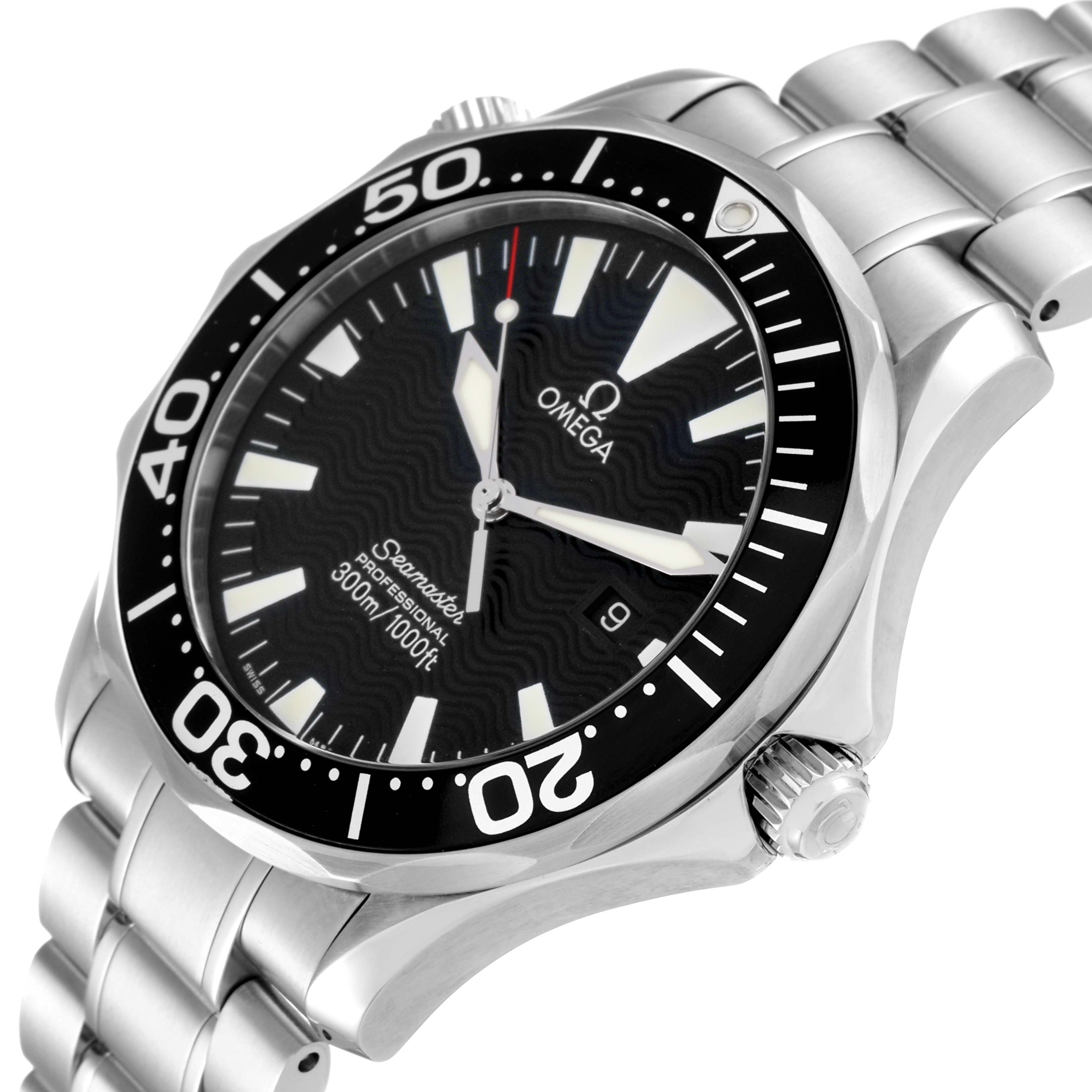 The Omega Seamaster 2264.50.00 Men
s Stainless Steel Black Dial 2264.50.00 Men
s Stainless Steel Black Dial watch is shown from a side angle, highlighting the face, bezel, and stainless steel bracelet.