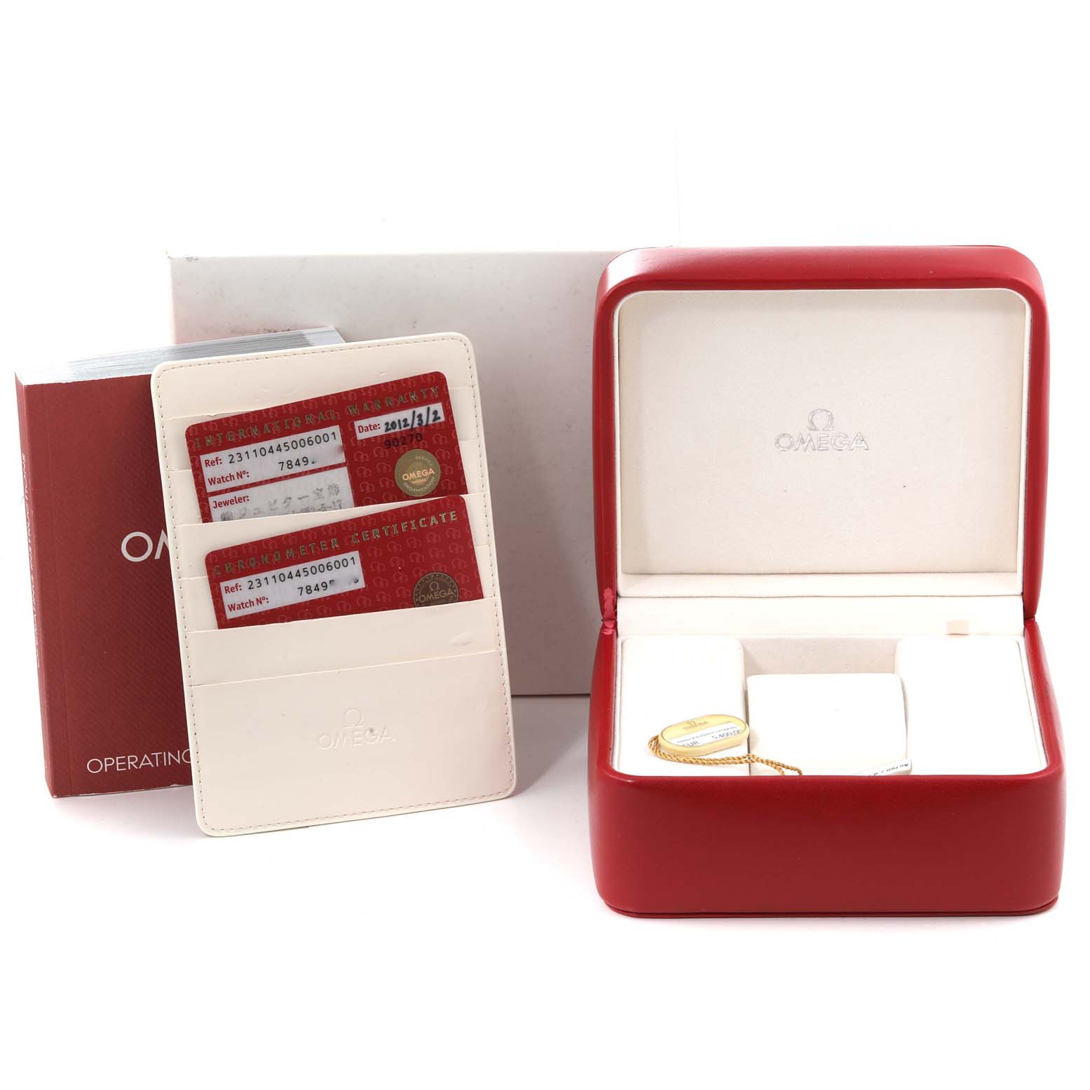 The image shows the packaging, warranty cards, and the empty watch box for the Omega Aqua Terra 231.10.44.50.06.001 Men
s Stainless Steel Grey Dial 231.10.44.50.06.001 Men
s Stainless Steel Grey Dial model.