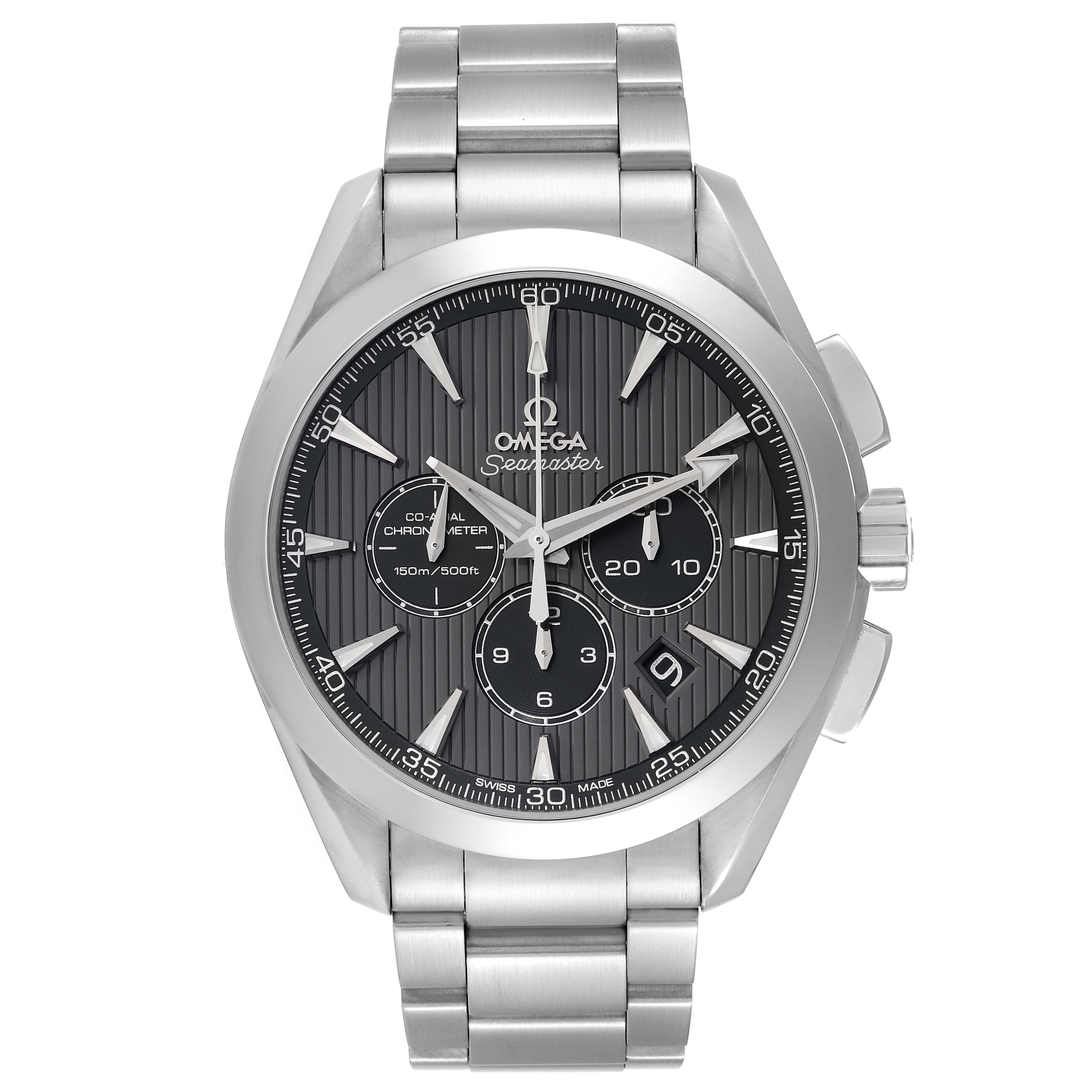 The Omega Aqua Terra 231.10.44.50.06.001 Men
s Stainless Steel Grey Dial 231.10.44.50.06.001 Men
s Stainless Steel Grey Dial watch is shown from the front, displaying its face, dials, bezel, and bracelet.