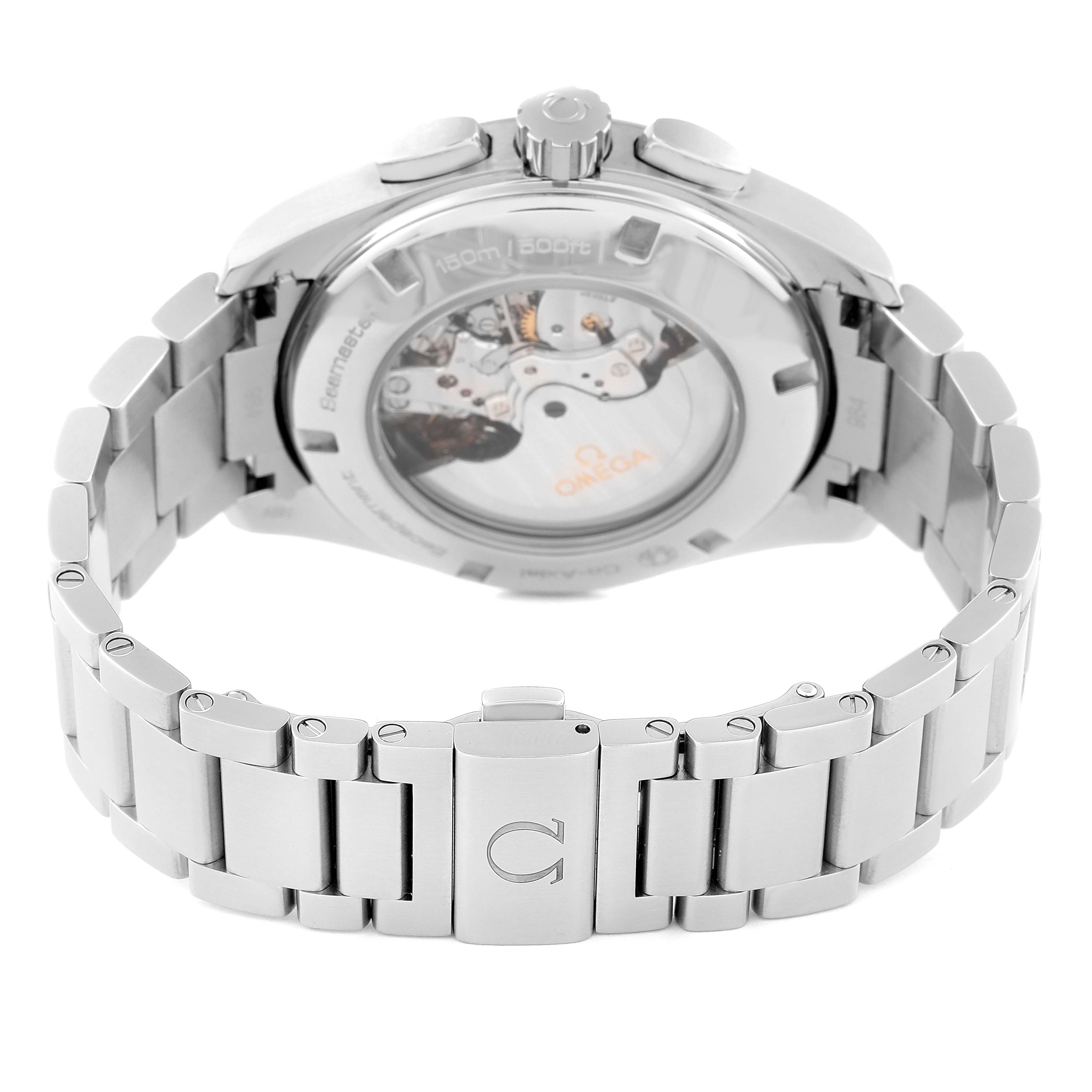 The image shows the back case and bracelet of the Omega Aqua Terra 231.10.44.50.06.001 Men
s Stainless Steel Grey Dial 231.10.44.50.06.001 Men
s Stainless Steel Grey Dial watch, highlighting the visible movement and clasp.