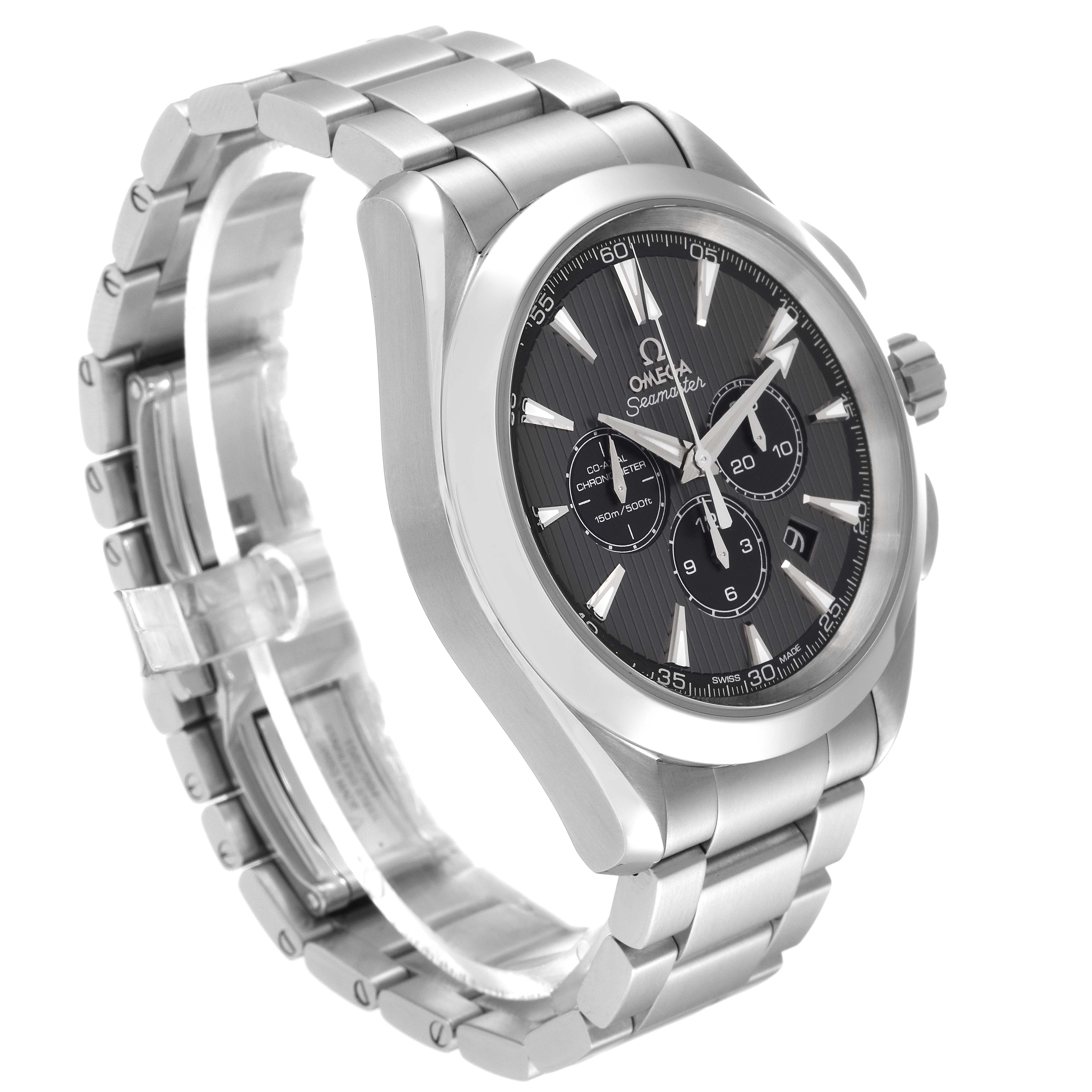 The image shows an Omega Aqua Terra 231.10.44.50.06.001 Men
s Stainless Steel Grey Dial 231.10.44.50.06.001 Men
s Stainless Steel Grey Dial watch at an angle highlighting the face, bezel, and stainless steel bracelet.