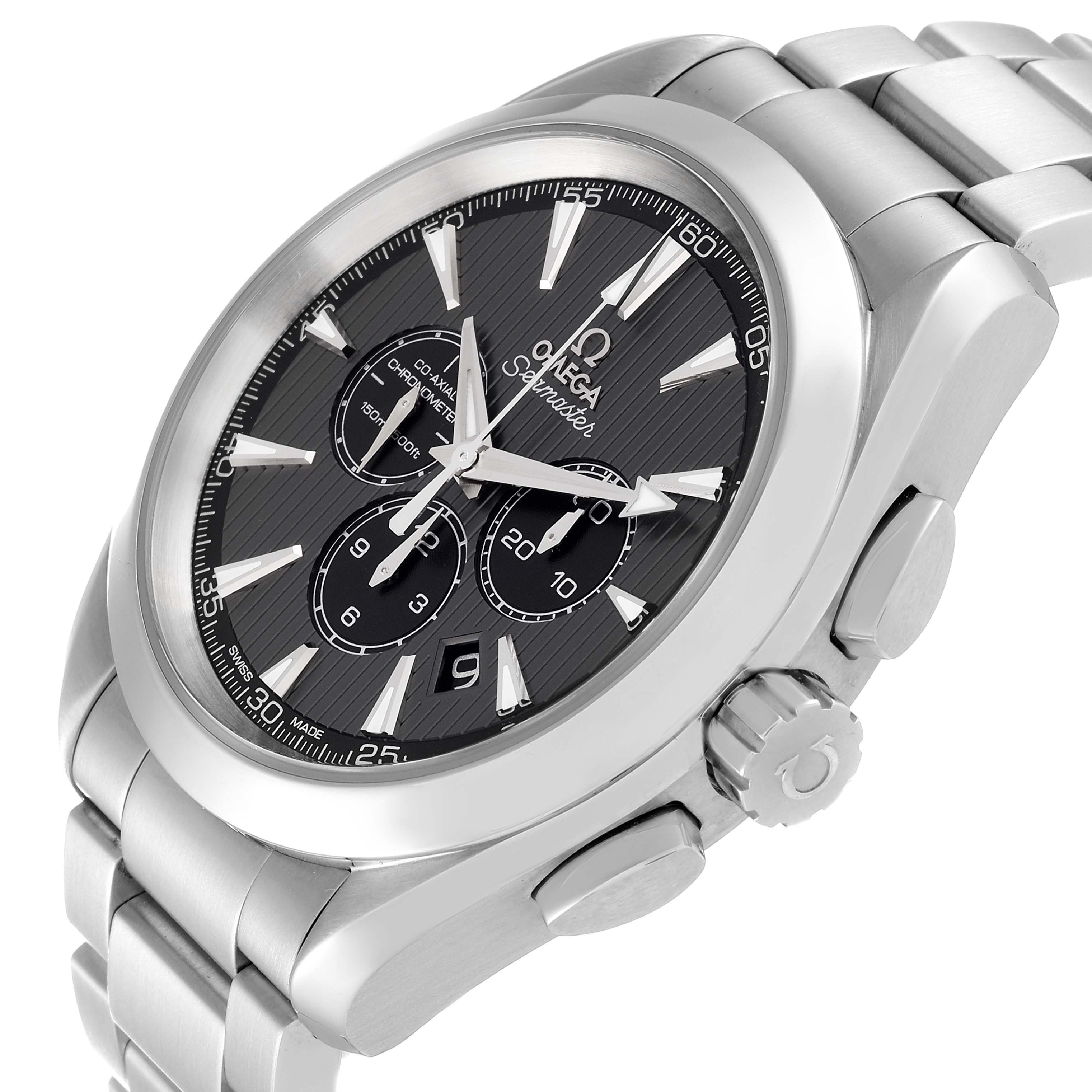 The Omega Aqua Terra 231.10.44.50.06.001 Men
s Stainless Steel Grey Dial 231.10.44.50.06.001 Men
s Stainless Steel Grey Dial watch is shown from a slightly angled side view, highlighting its dial, crown, pushers, and bracelet.