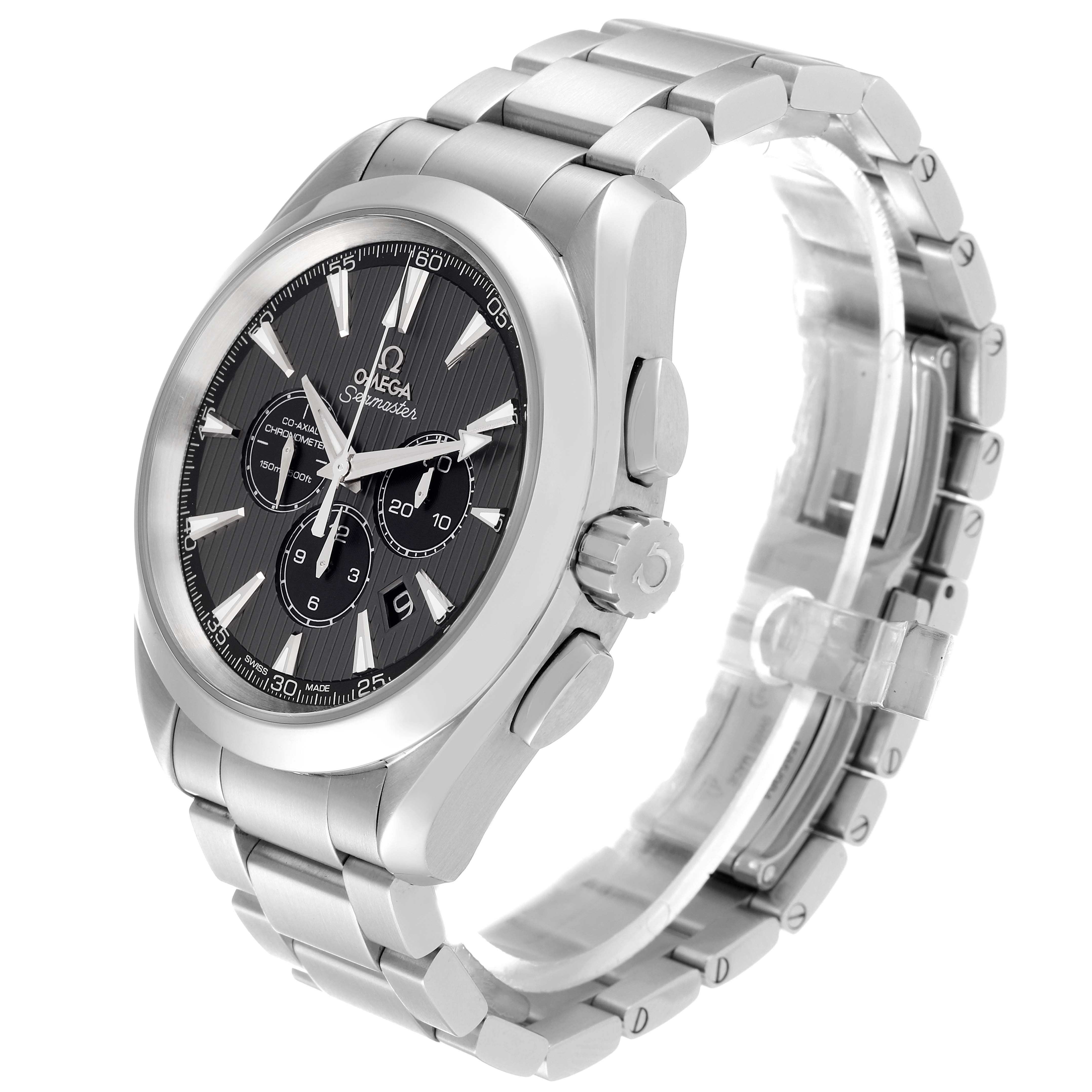 The Omega Aqua Terra 231.10.44.50.06.001 Men
s Stainless Steel Grey Dial 231.10.44.50.06.001 Men
s Stainless Steel Grey Dial watch is shown from a slight angled side view, displaying its face, bezel, crown, pushers, and bracelet.