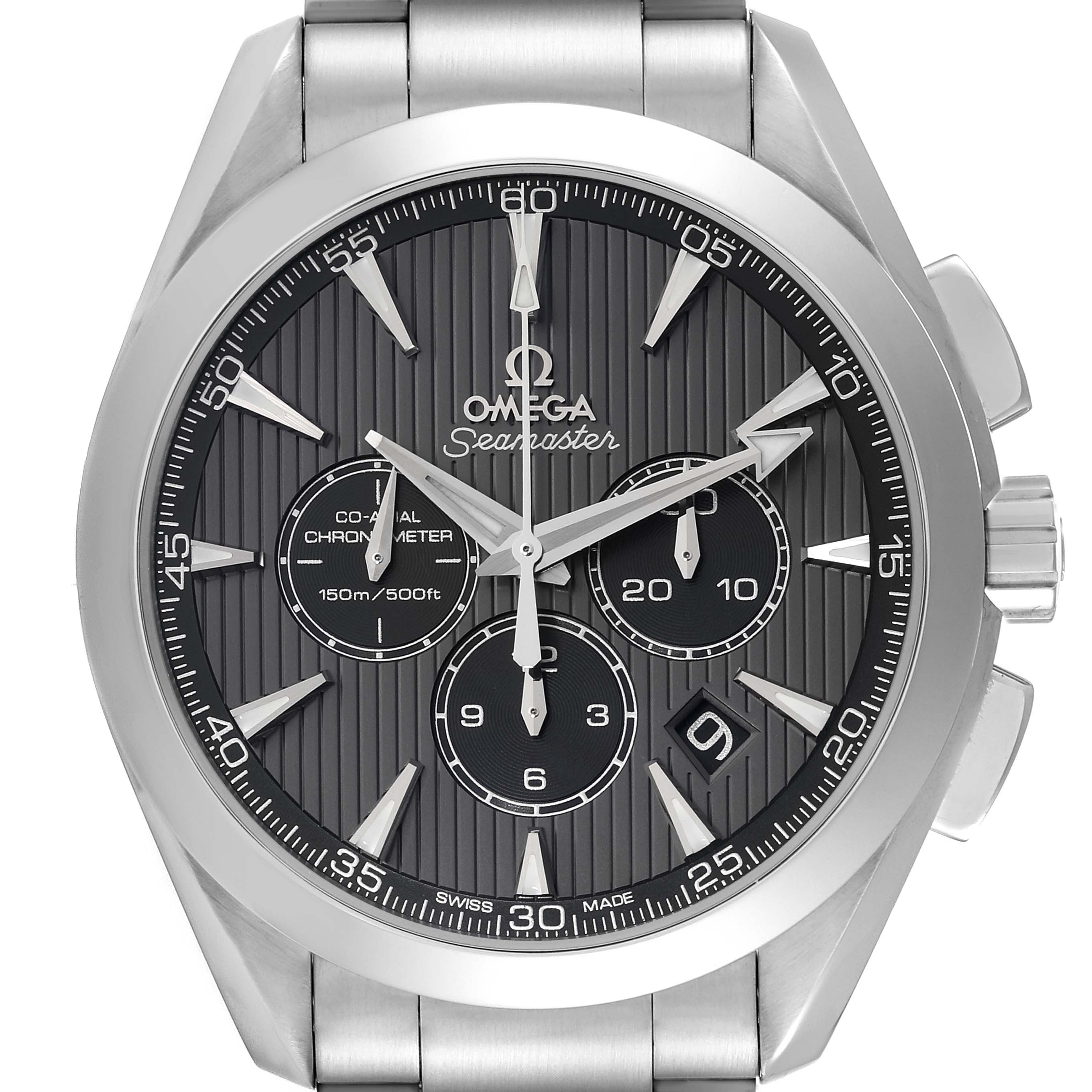 The image shows a front view of the Omega Seamaster Aqua Terra watch, highlighting the dial, subdials, and part of the metal bracelet.