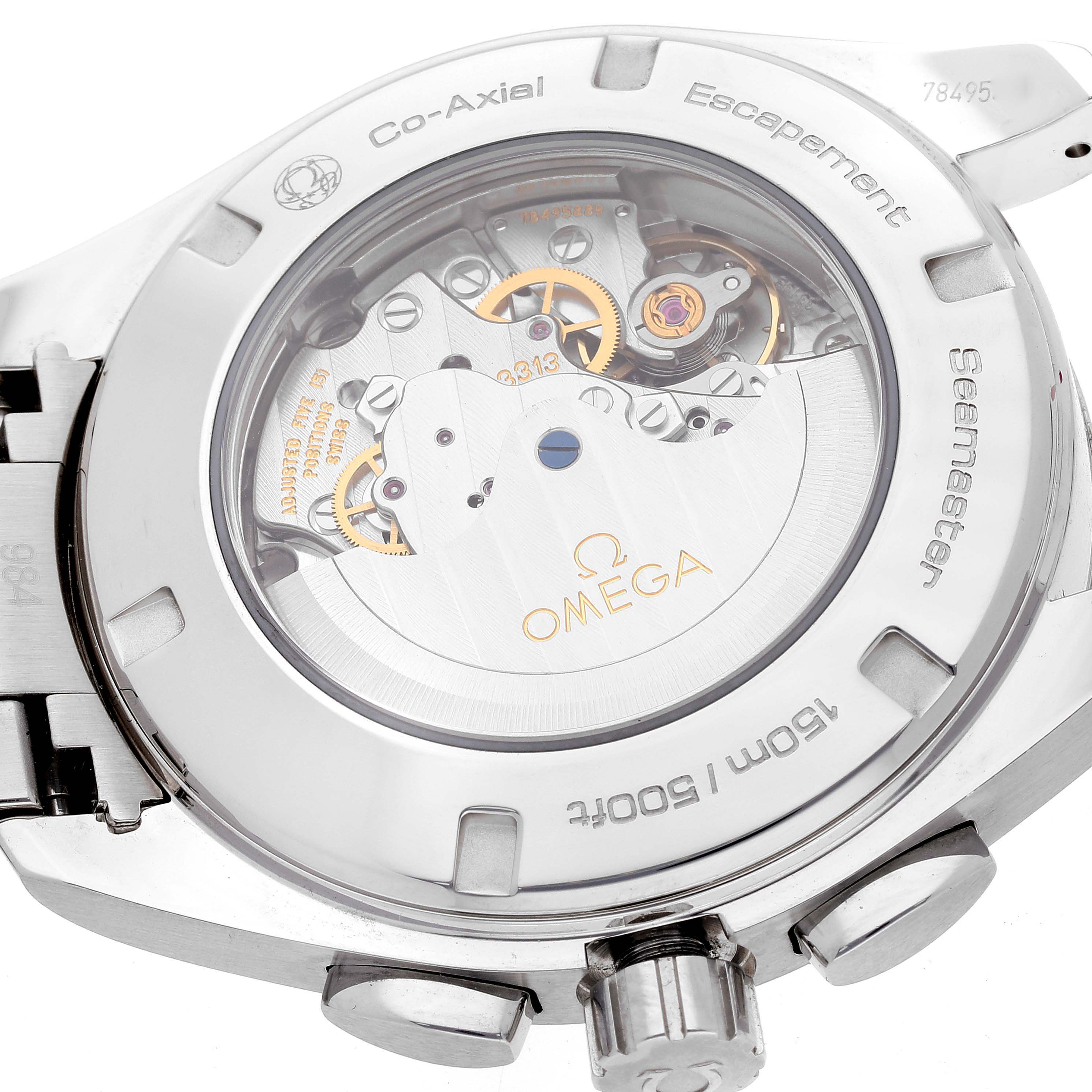 This image shows the back casing and visible movement of the Omega Aqua Terra 231.10.44.50.06.001 Men
s Stainless Steel Grey Dial 231.10.44.50.06.001 Men
s Stainless Steel Grey Dial watch.