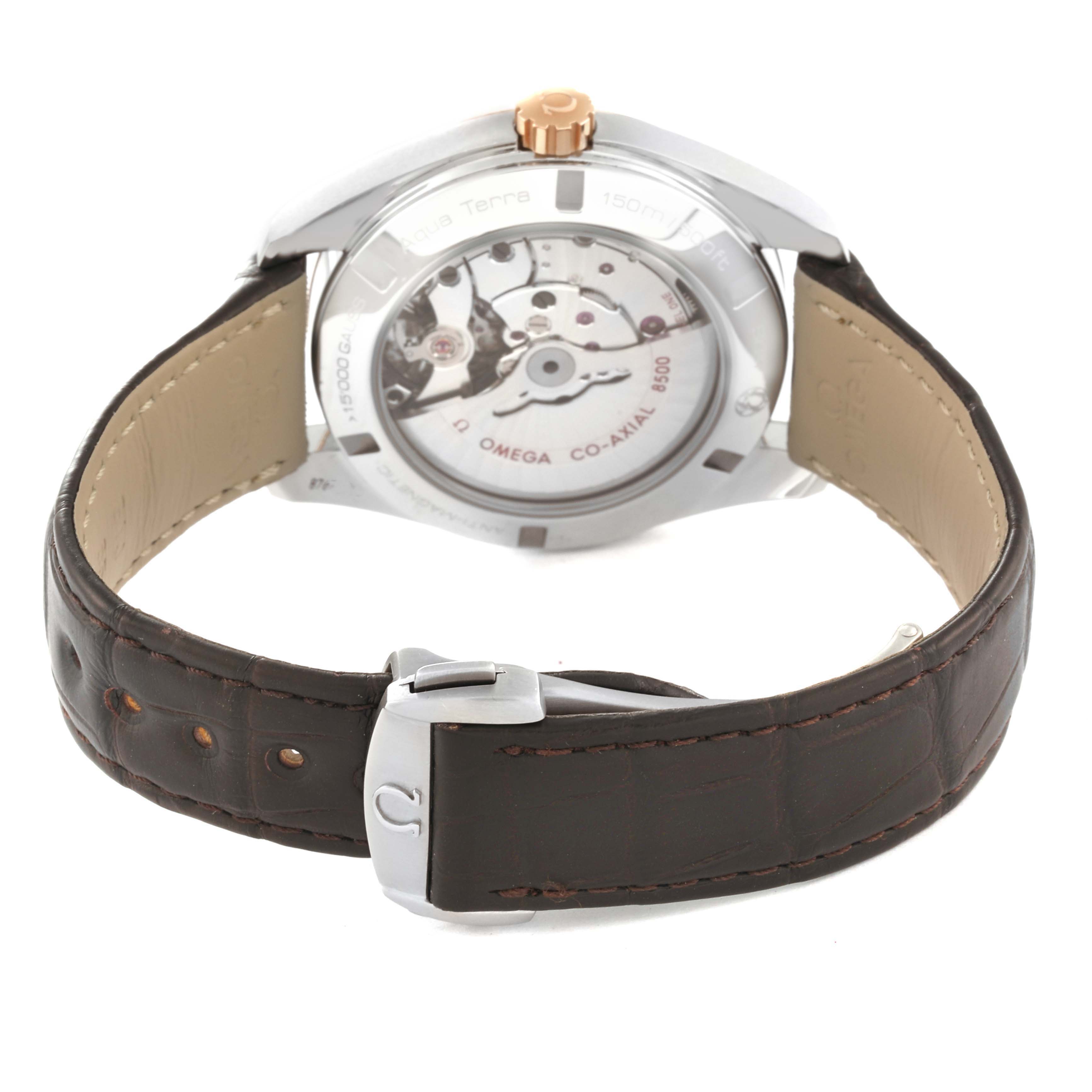 The image shows the back view of an Omega Aqua Terra 231.23.42.21.02.001 Men
s Stainless Steel Silver Dial 231.23.42.21.02.001 Men
s Stainless Steel Silver Dial watch, highlighting its transparent case back and brown leather strap.