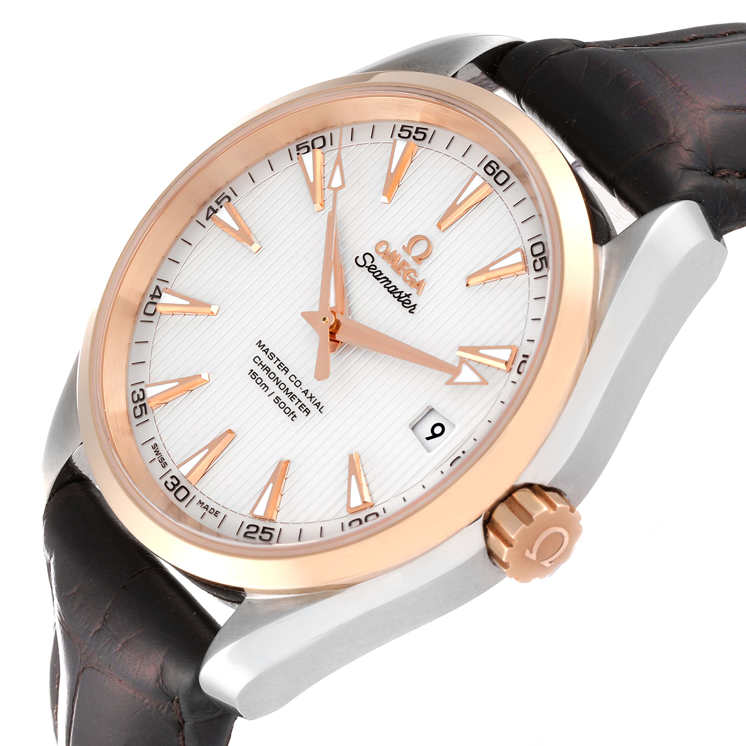 The image shows the Omega Aqua Terra 231.23.42.21.02.001 Men
s Stainless Steel Silver Dial 231.23.42.21.02.001 Men
s Stainless Steel Silver Dial watch at an angle highlighting the dial, crown, bezel, and leather strap.