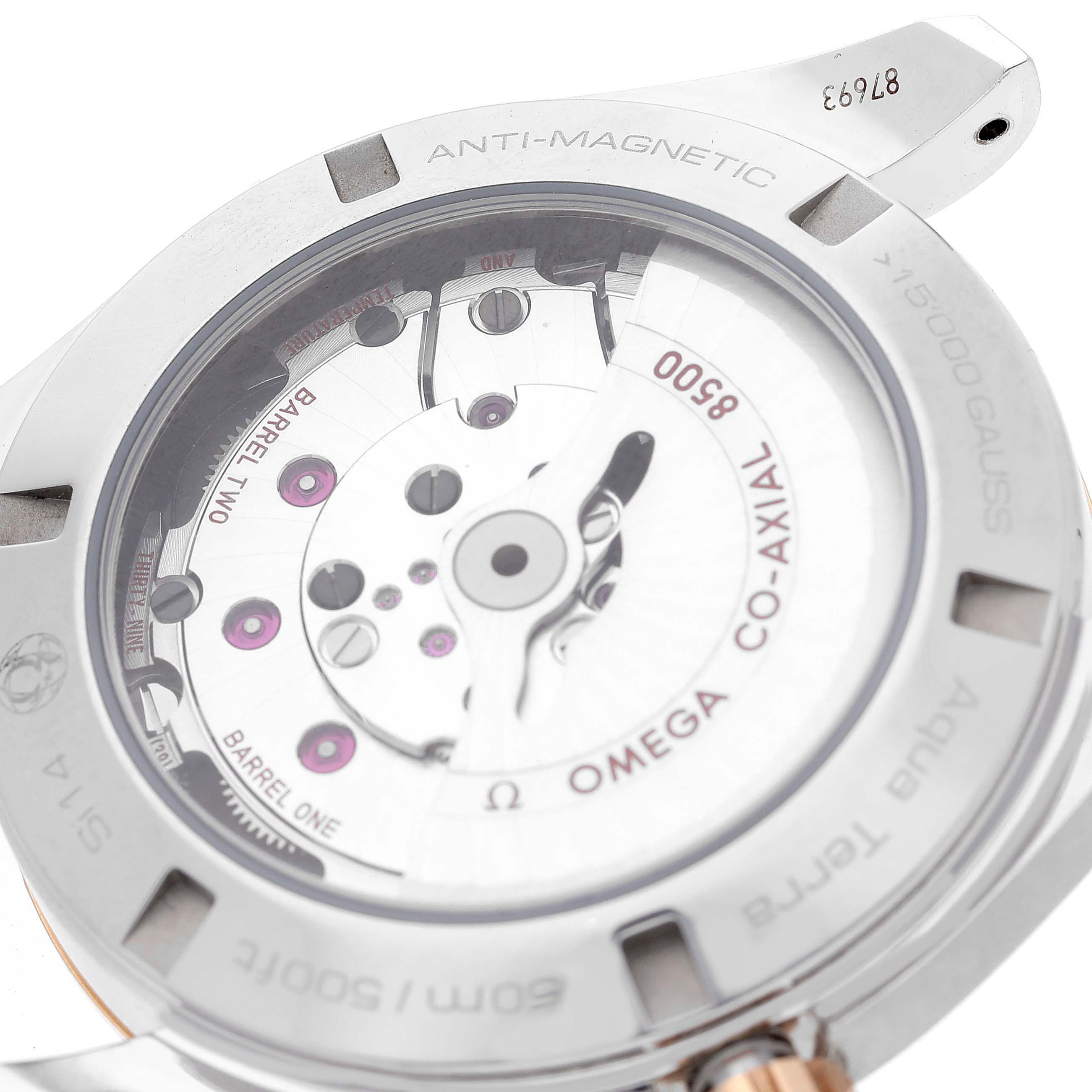 This image shows the back view of the Omega Aqua Terra 231.23.42.21.02.001 Men
s Stainless Steel Silver Dial 231.23.42.21.02.001 Men
s Stainless Steel Silver Dial watch, displaying the inner mechanical components and "Anti-Magnetic" label.