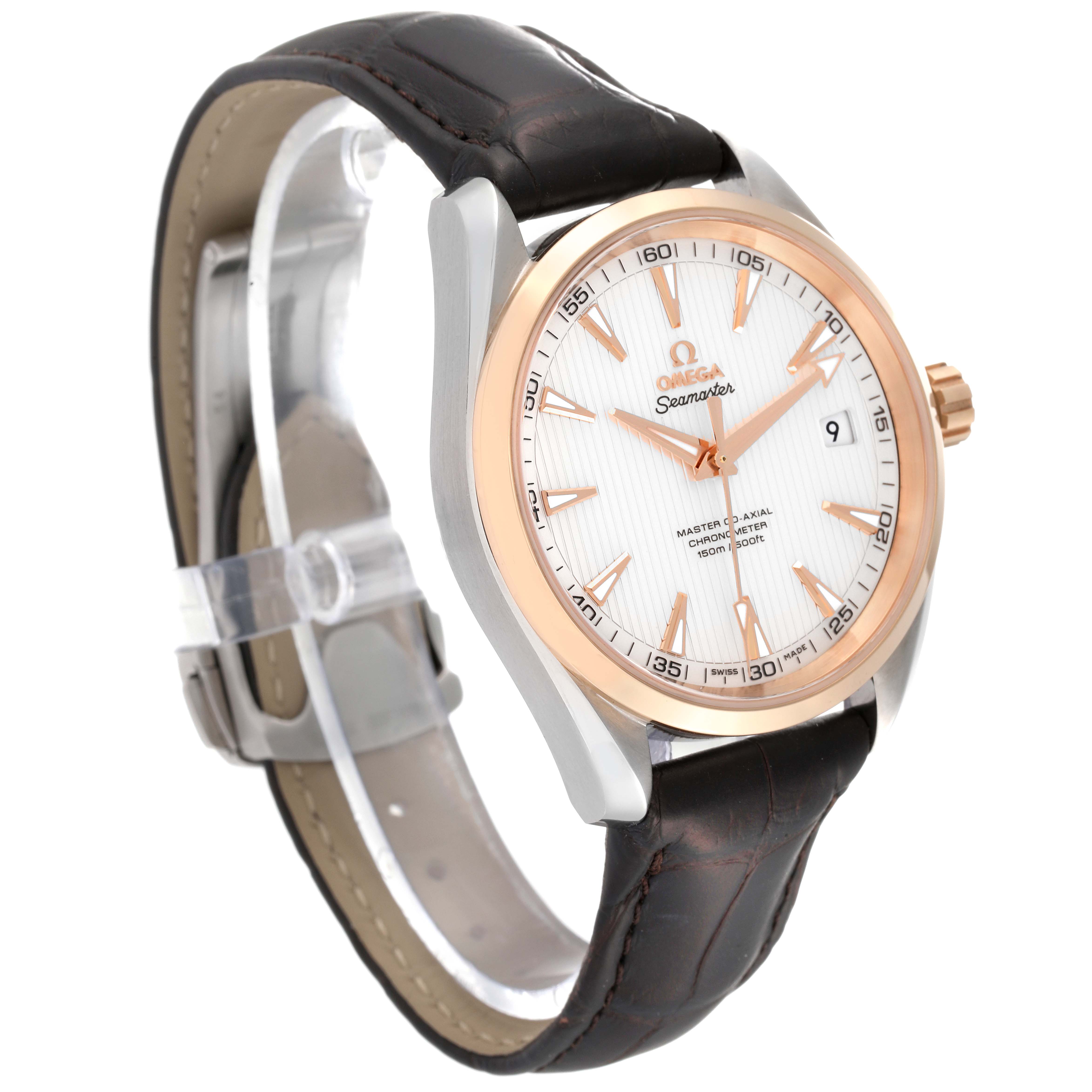 The Omega Aqua Terra 231.23.42.21.02.001 Men
s Stainless Steel Silver Dial 231.23.42.21.02.001 Men
s Stainless Steel Silver Dial watch is shown at an angled side view, displaying the face, crown, case, and leather strap.