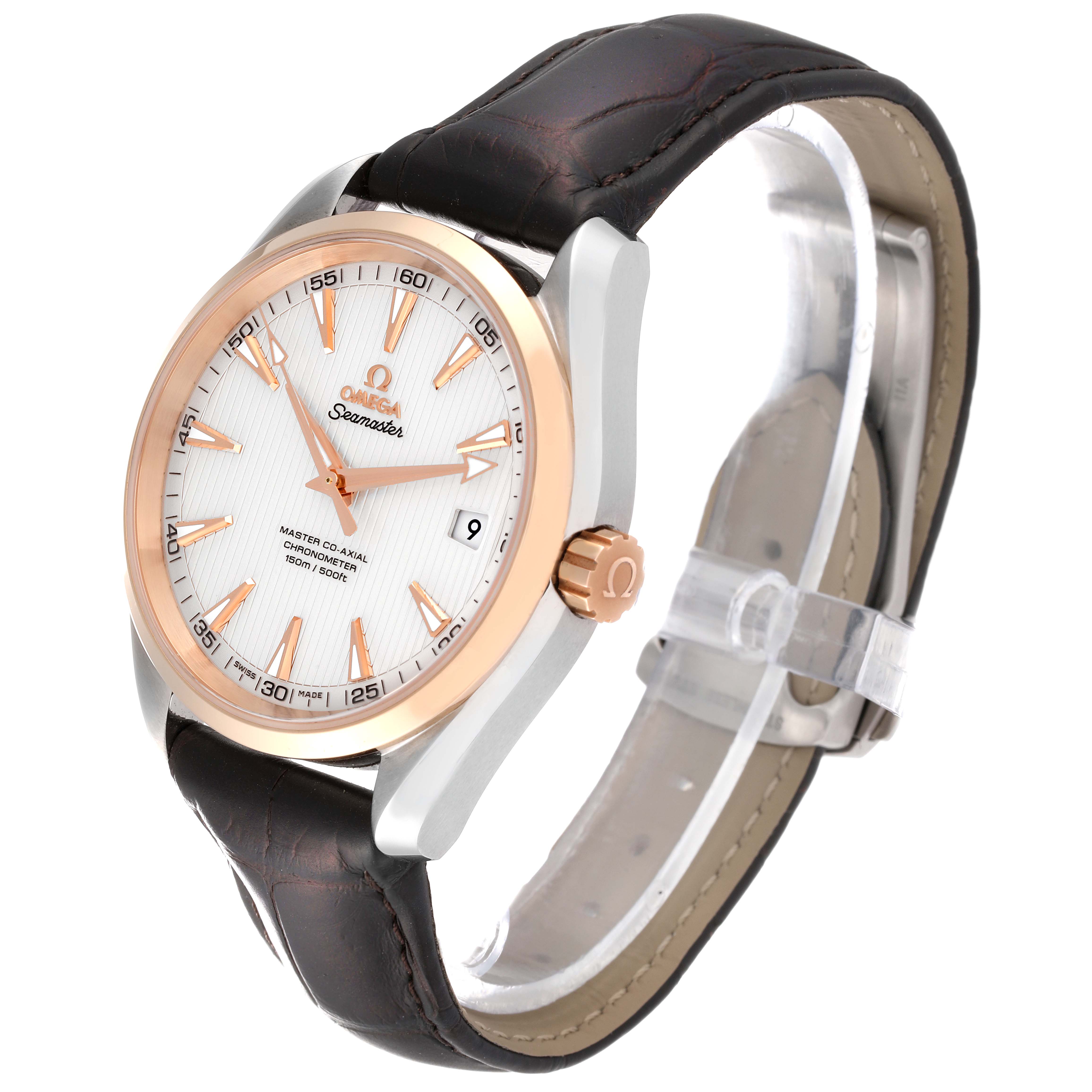 The image shows the Omega Aqua Terra 231.23.42.21.02.001 Men
s Stainless Steel Silver Dial 231.23.42.21.02.001 Men
s Stainless Steel Silver Dial Seamaster watch from a front-right angle, highlighting the dial, crown, and leather strap.