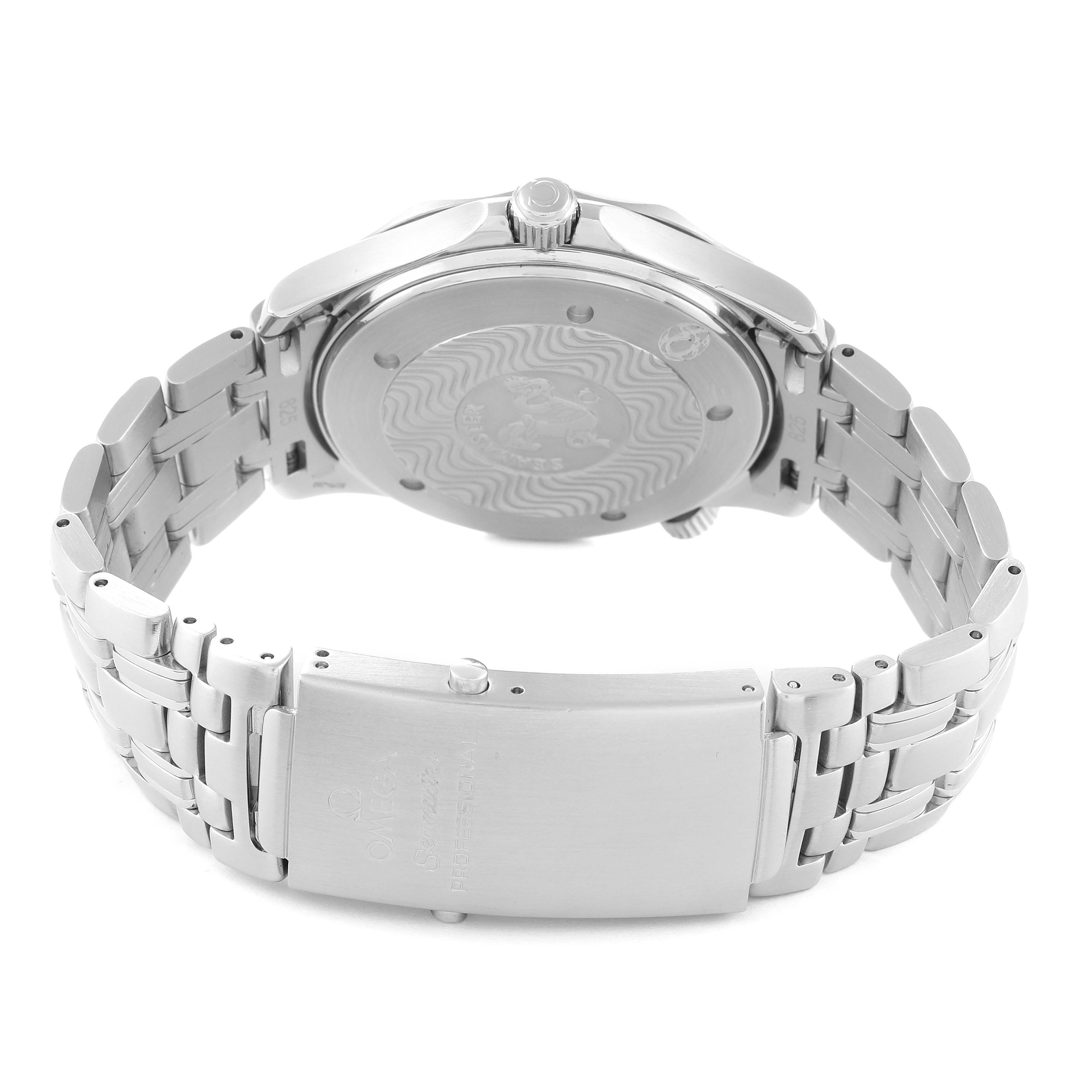 The image shows the back and side view of the Omega Seamaster 2531.80.00 Men
s Stainless Steel Blue Dial 2531.80.00 Men
s Stainless Steel Blue Dial watch, focusing on its case back, crown, and bracelet with clasp.