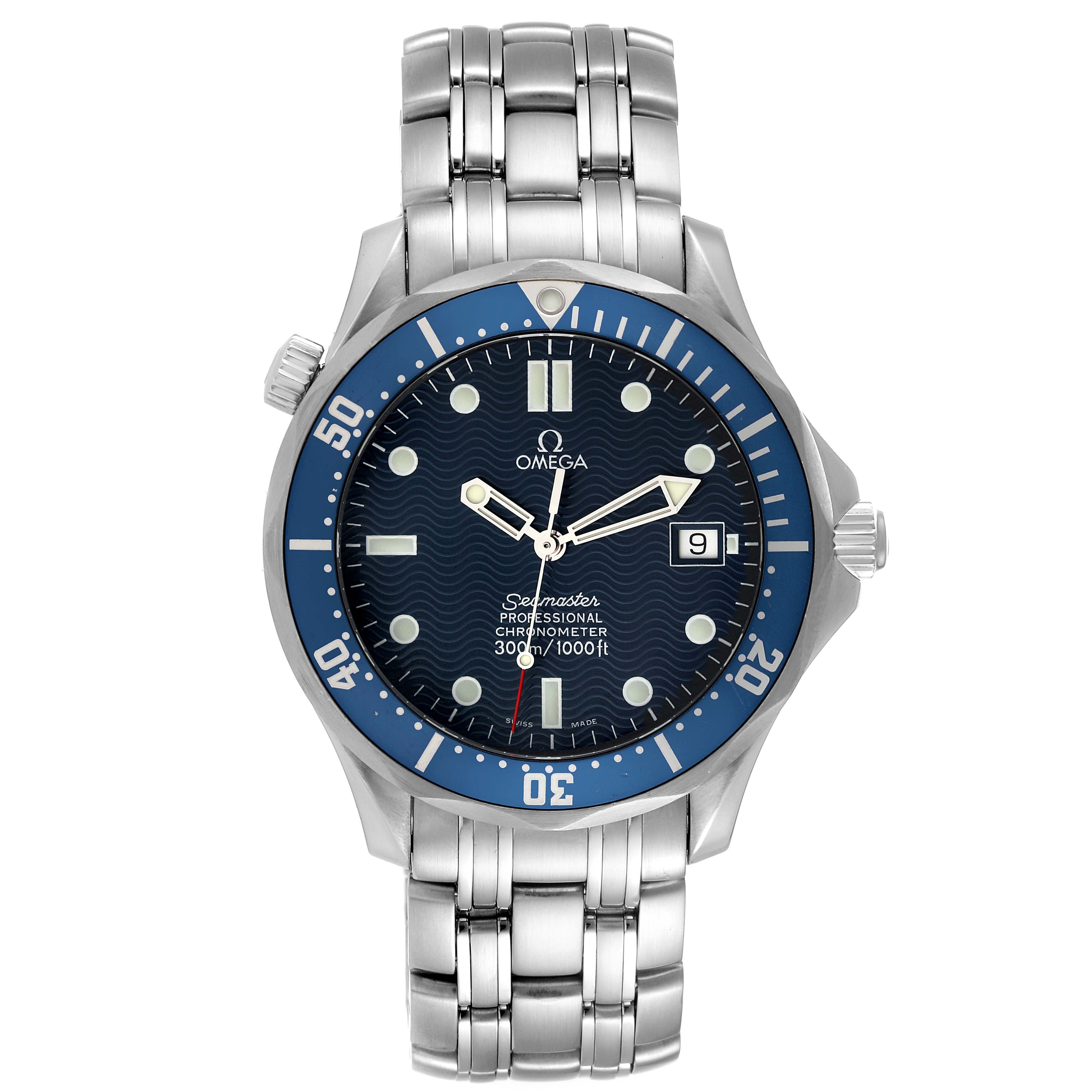 The image shows a frontal view of the Omega Seamaster 2531.80.00 Men
s Stainless Steel Blue Dial 2531.80.00 Men
s Stainless Steel Blue Dial watch displaying its blue bezel, wavy dial, date window, and stainless steel bracelet.