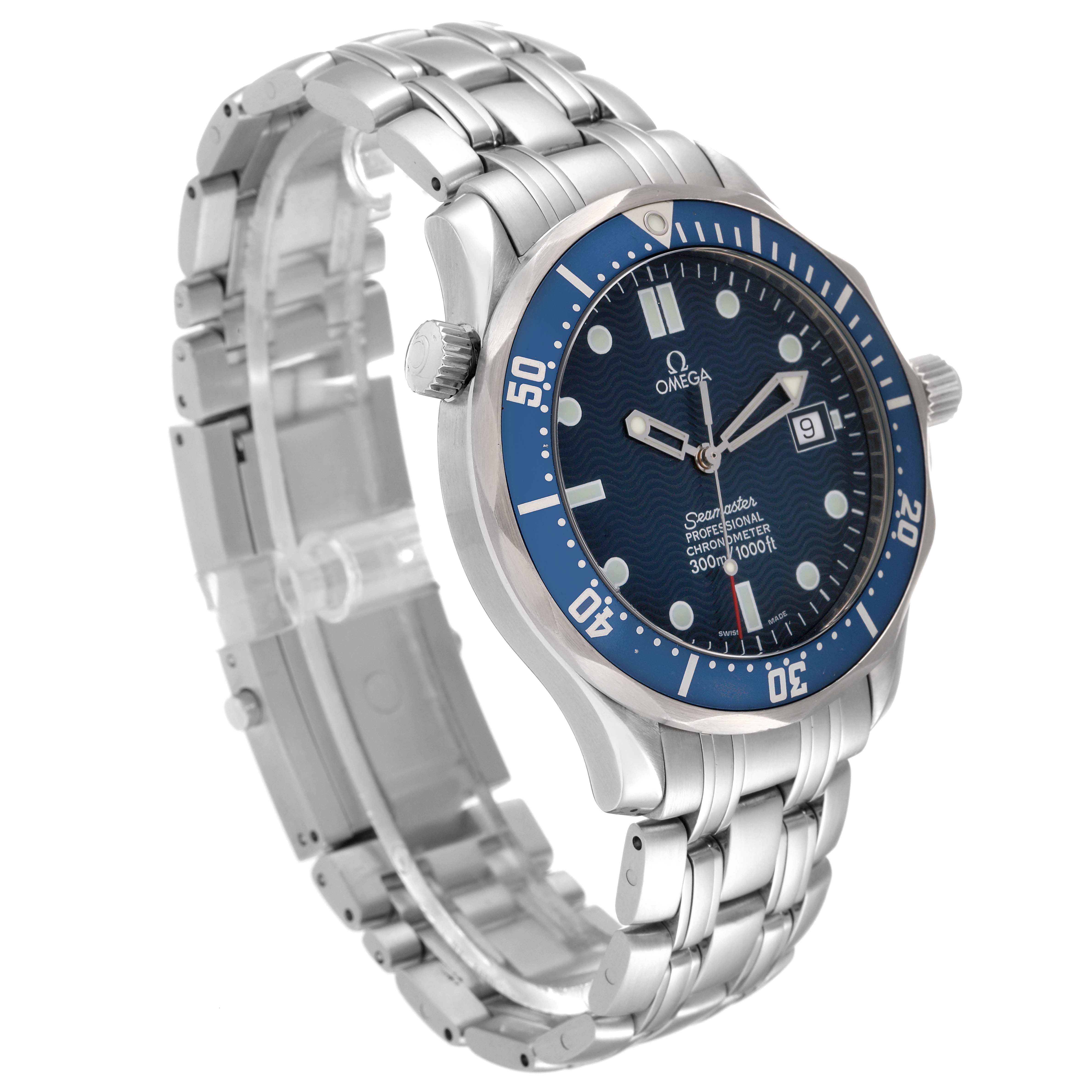 The Omega Seamaster 2531.80.00 Men
s Stainless Steel Blue Dial 2531.80.00 Men
s Stainless Steel Blue Dial watch is shown at an angled view, highlighting its blue dial, bezel, crown, and stainless steel bracelet.
