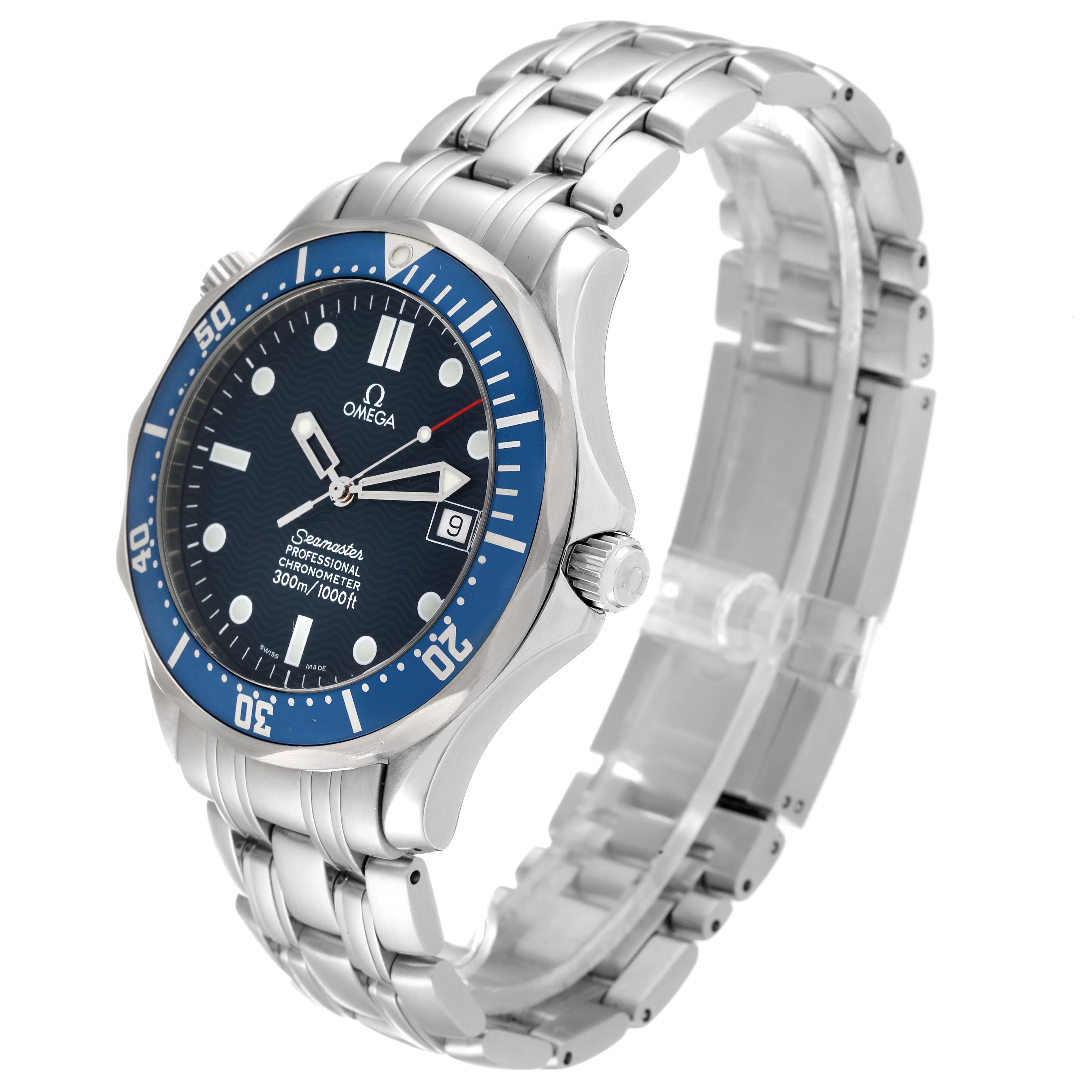 This Omega Seamaster 2531.80.00 Men
s Stainless Steel Blue Dial 2531.80.00 Men
s Stainless Steel Blue Dial watch is shown at an angle highlighting the dial, bezel, crown, and metallic bracelet.