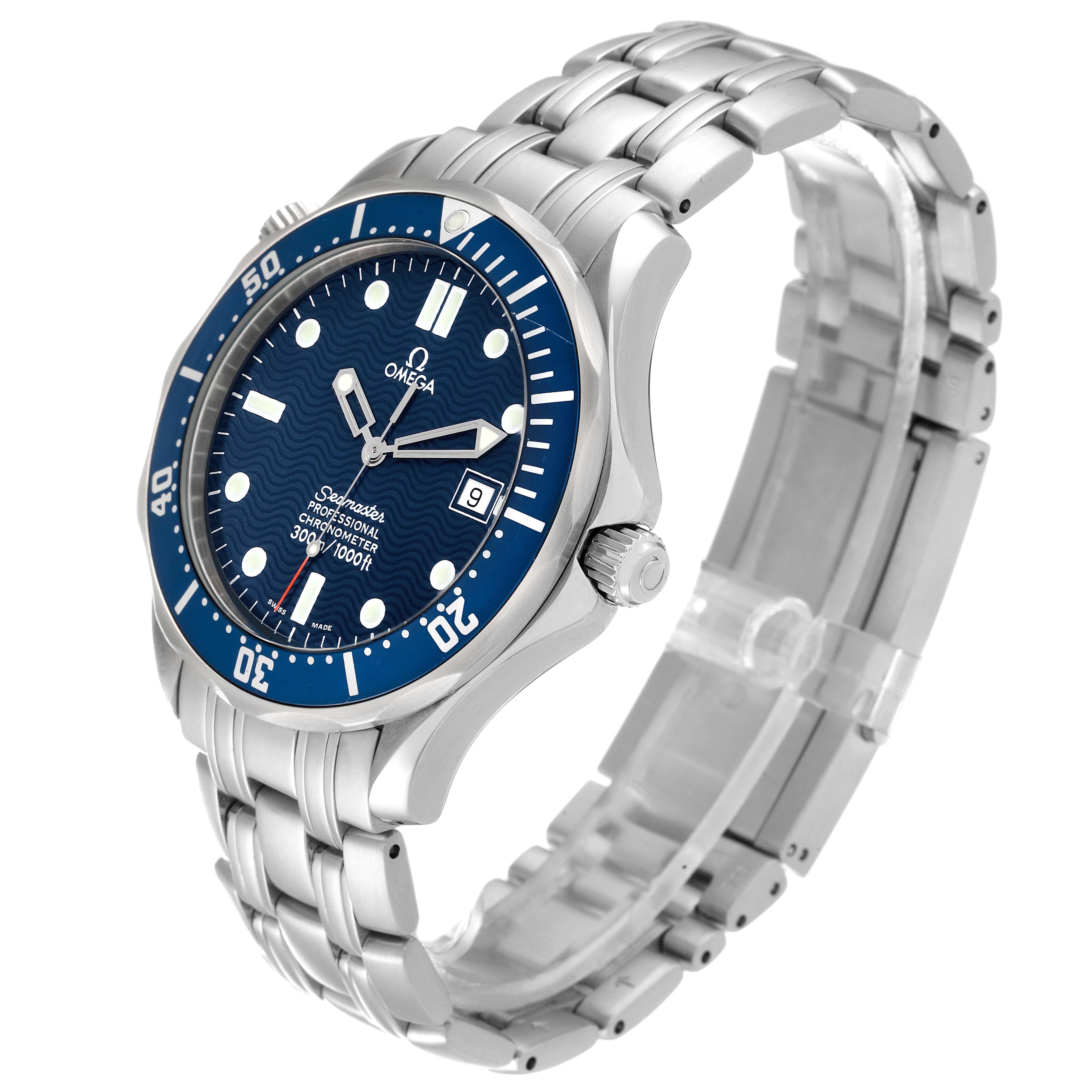 The image shows a side-angle view of an Omega Seamaster 2531.80.00 Men
s Stainless Steel Blue Dial 2531.80.00 Men
s Stainless Steel Blue Dial watch, highlighting the face, bezel, crown, and bracelet.