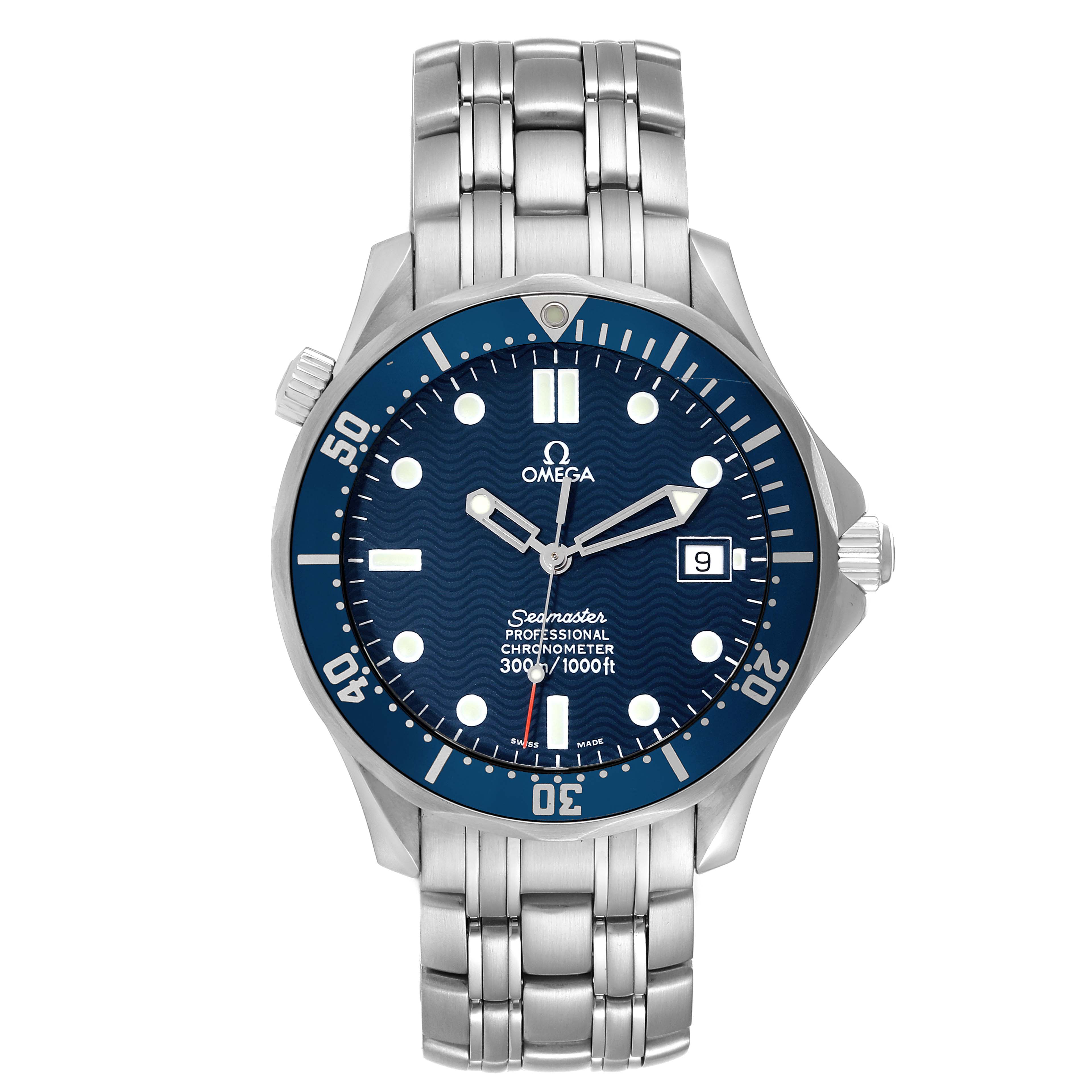 The image shows a front view of the Omega Seamaster 2531.80.00 Men
s Stainless Steel Blue Dial 2531.80.00 Men
s Stainless Steel Blue Dial watch, detailing its face, bezel, and stainless steel bracelet.