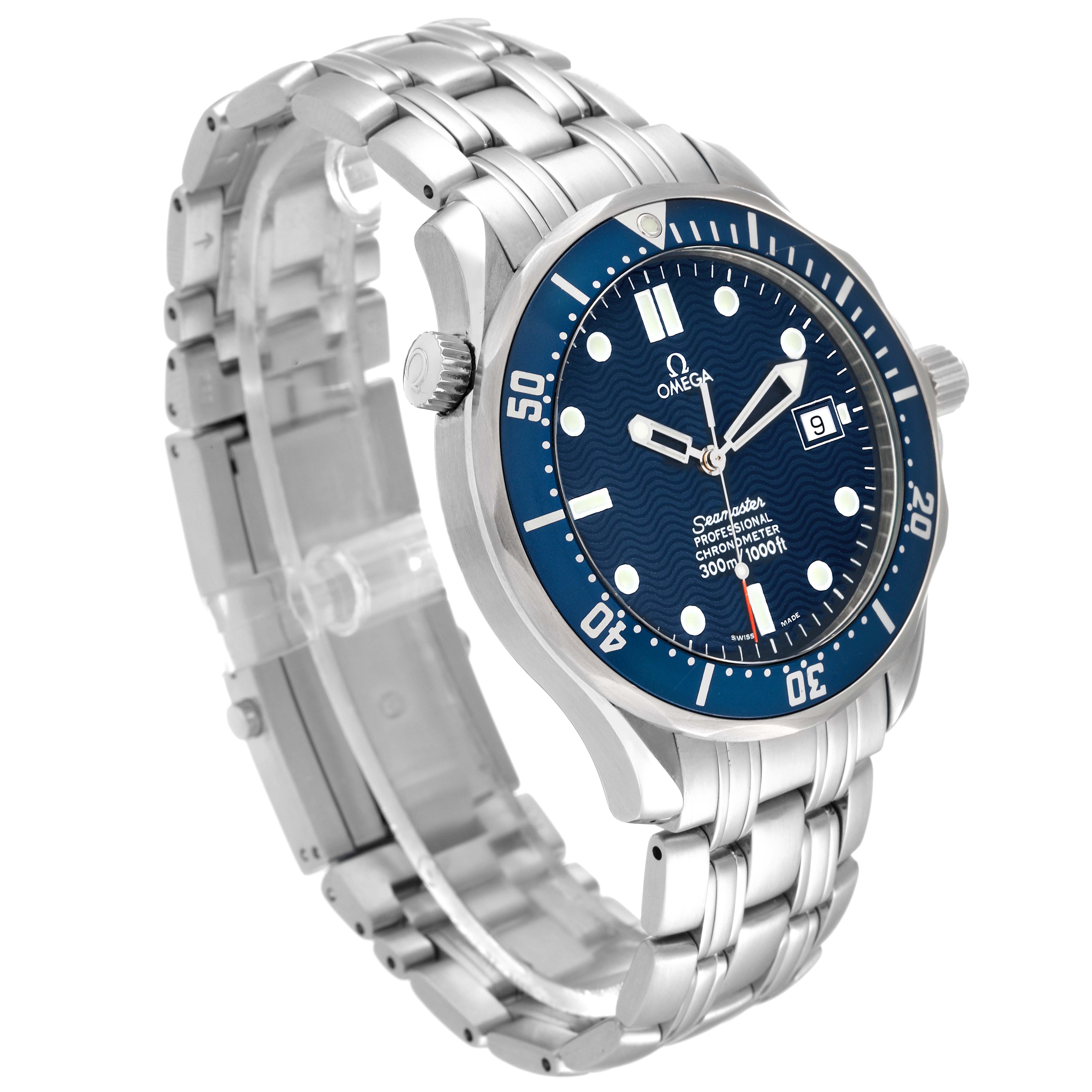 The image shows an angled front and side view of the Omega Seamaster 2531.80.00 Men
s Stainless Steel Blue Dial 2531.80.00 Men
s Stainless Steel Blue Dial watch, highlighting its blue dial, bezel, and stainless steel bracelet.