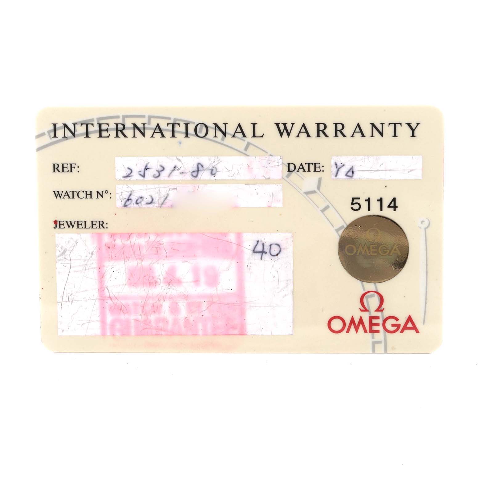 This image shows an International Warranty card for the Omega Seamaster 2531.80.00 Men
s Stainless Steel Blue Dial 2531.80.00 Men
s Stainless Steel Blue Dial model watch.