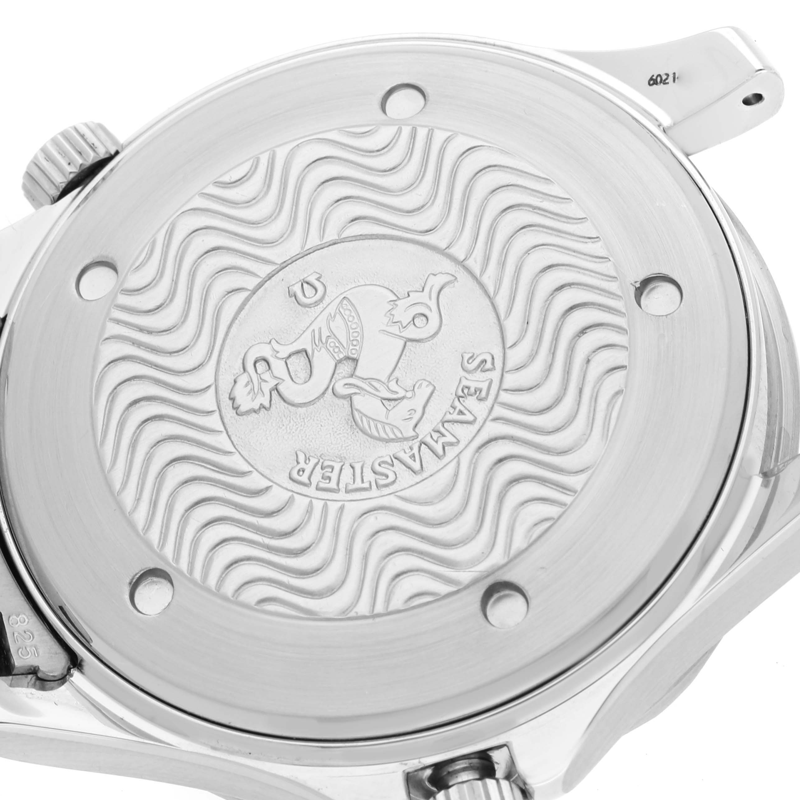 The image shows the back case of an Omega Seamaster 2531.80.00 Men
s Stainless Steel Blue Dial 2531.80.00 Men
s Stainless Steel Blue Dial watch, including the crown and engraved logo.