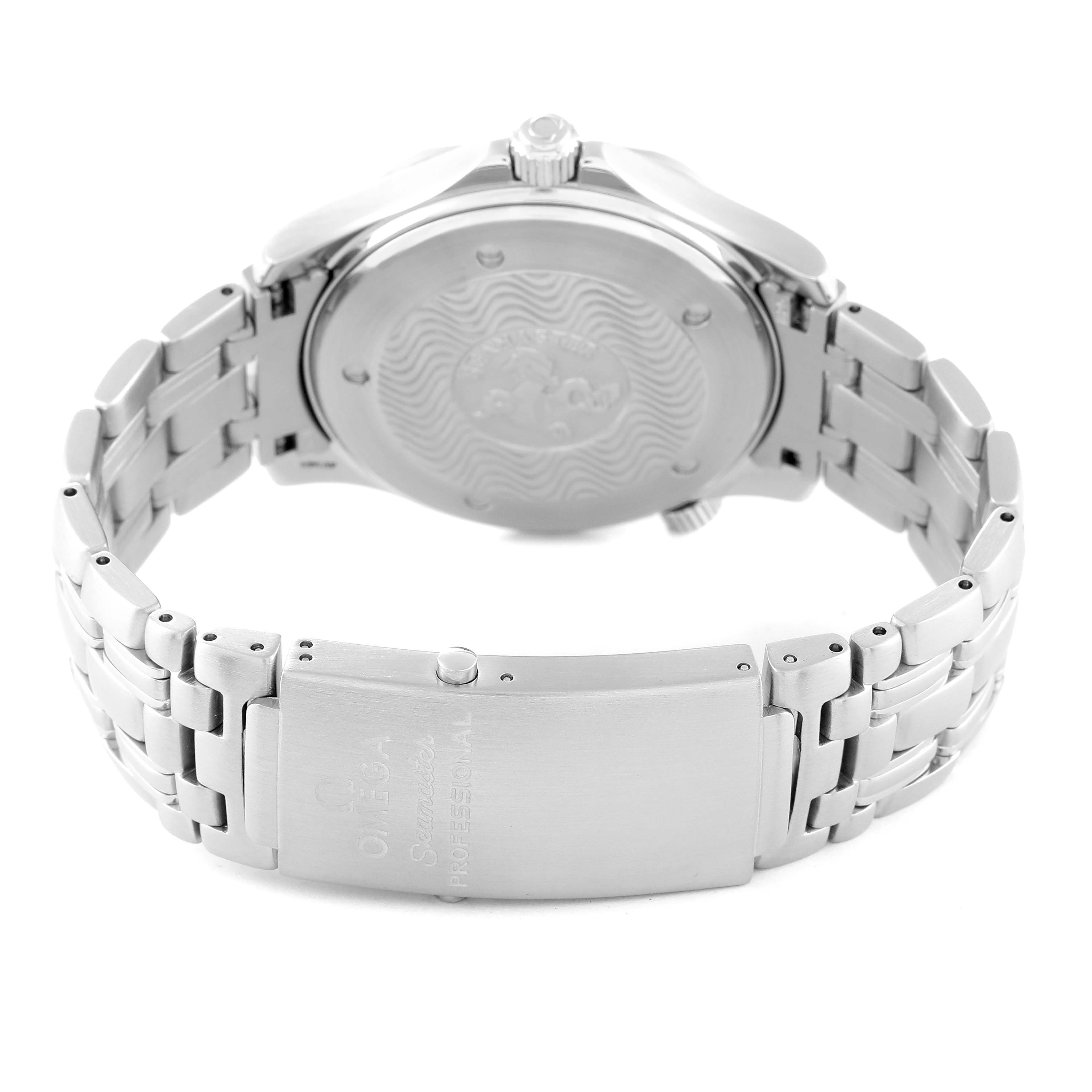 The image shows the back case and bracelet clasp of an Omega Seamaster 2531.80.00 Men
s Stainless Steel Blue Dial 2531.80.00 Men
s Stainless Steel Blue Dial watch, viewed from the rear.