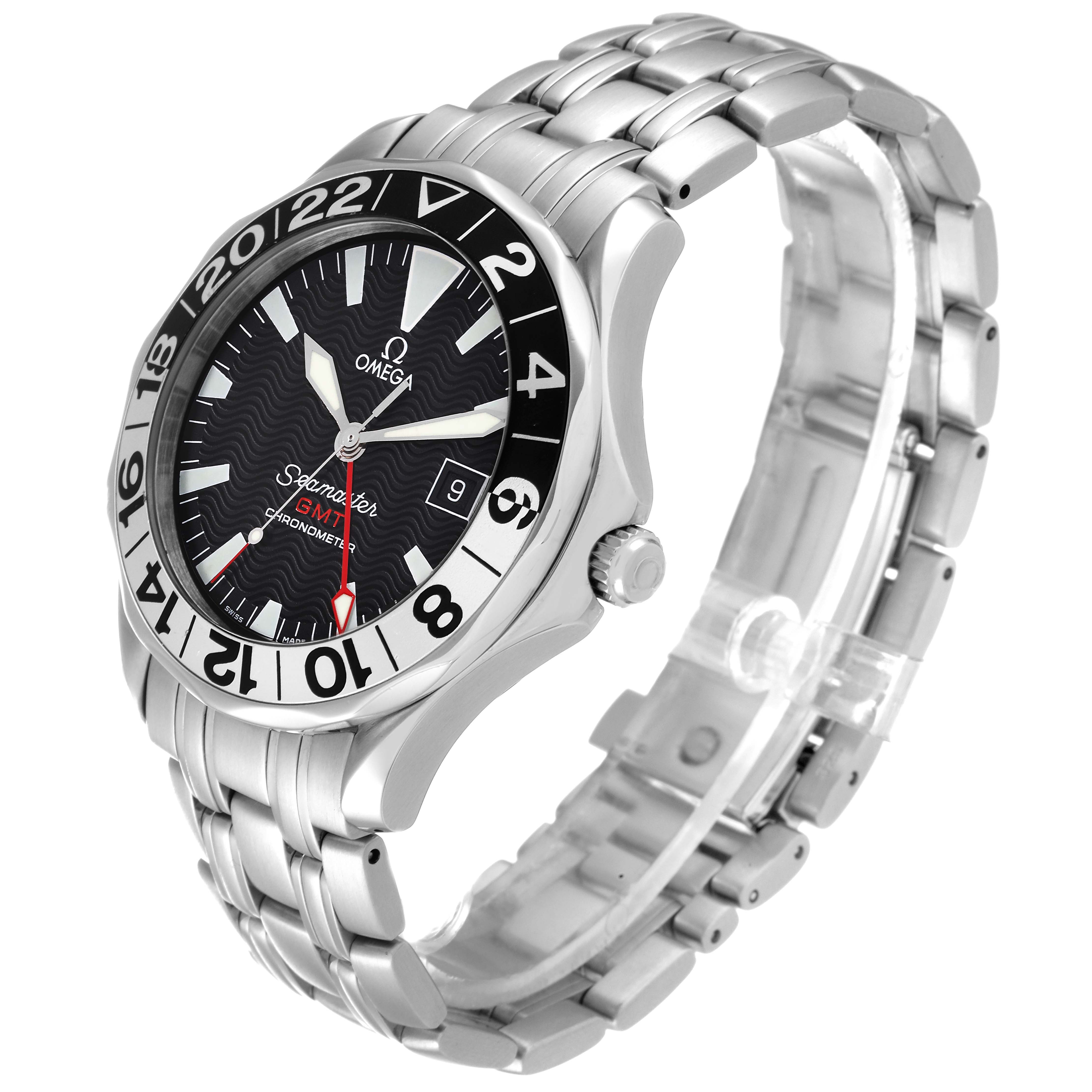 The Omega Seamaster 2534.50.00 Men
s Stainless Steel Black Dial 2534.50.00 Men
s Stainless Steel Black Dial watch is shown from a side angle highlighting the face, bezel, crown, and bracelet.