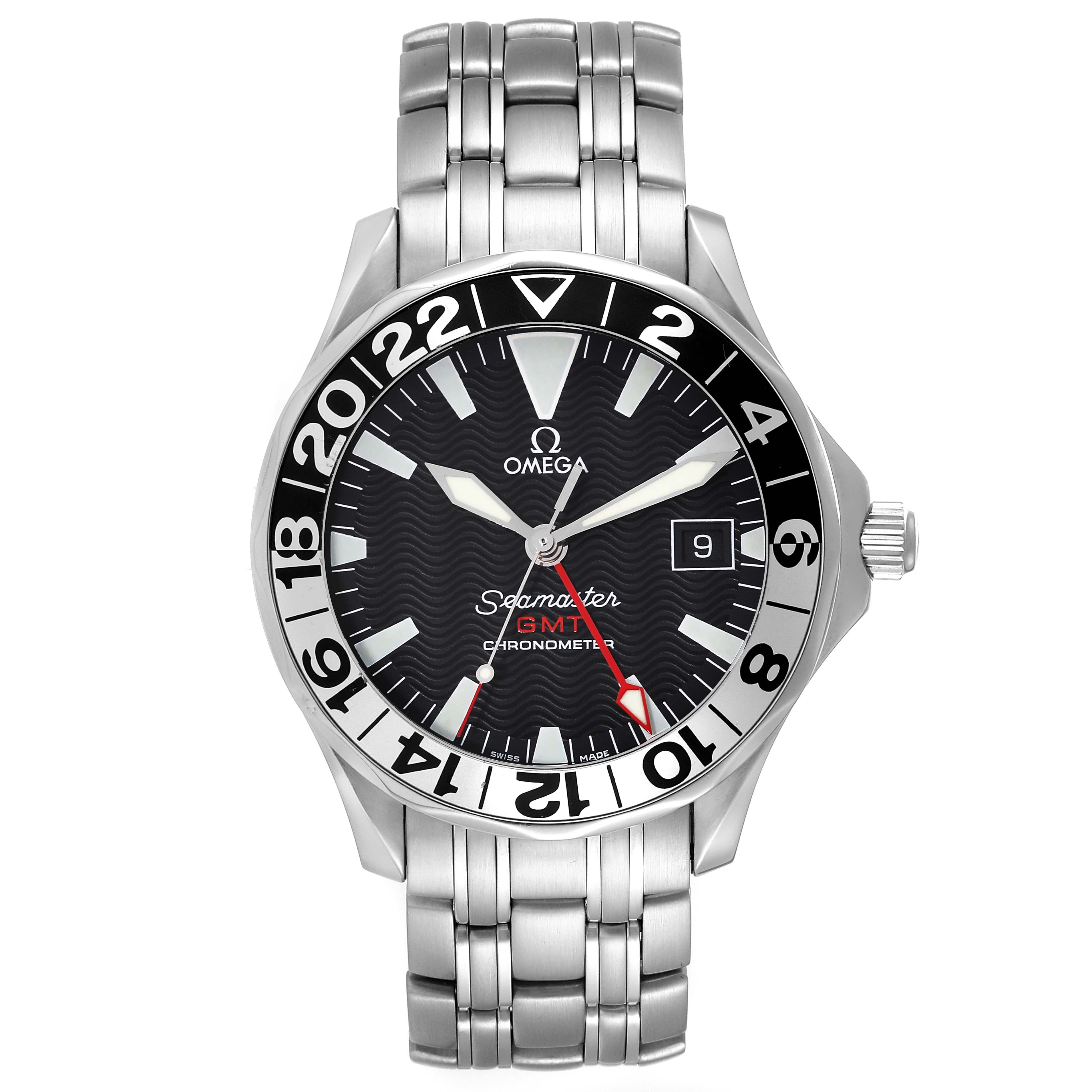 The image shows a front view of the Omega Seamaster 2534.50.00 Men
s Stainless Steel Black Dial 2534.50.00 Men
s Stainless Steel Black Dial GMT Chronometer watch with a stainless steel bracelet.
