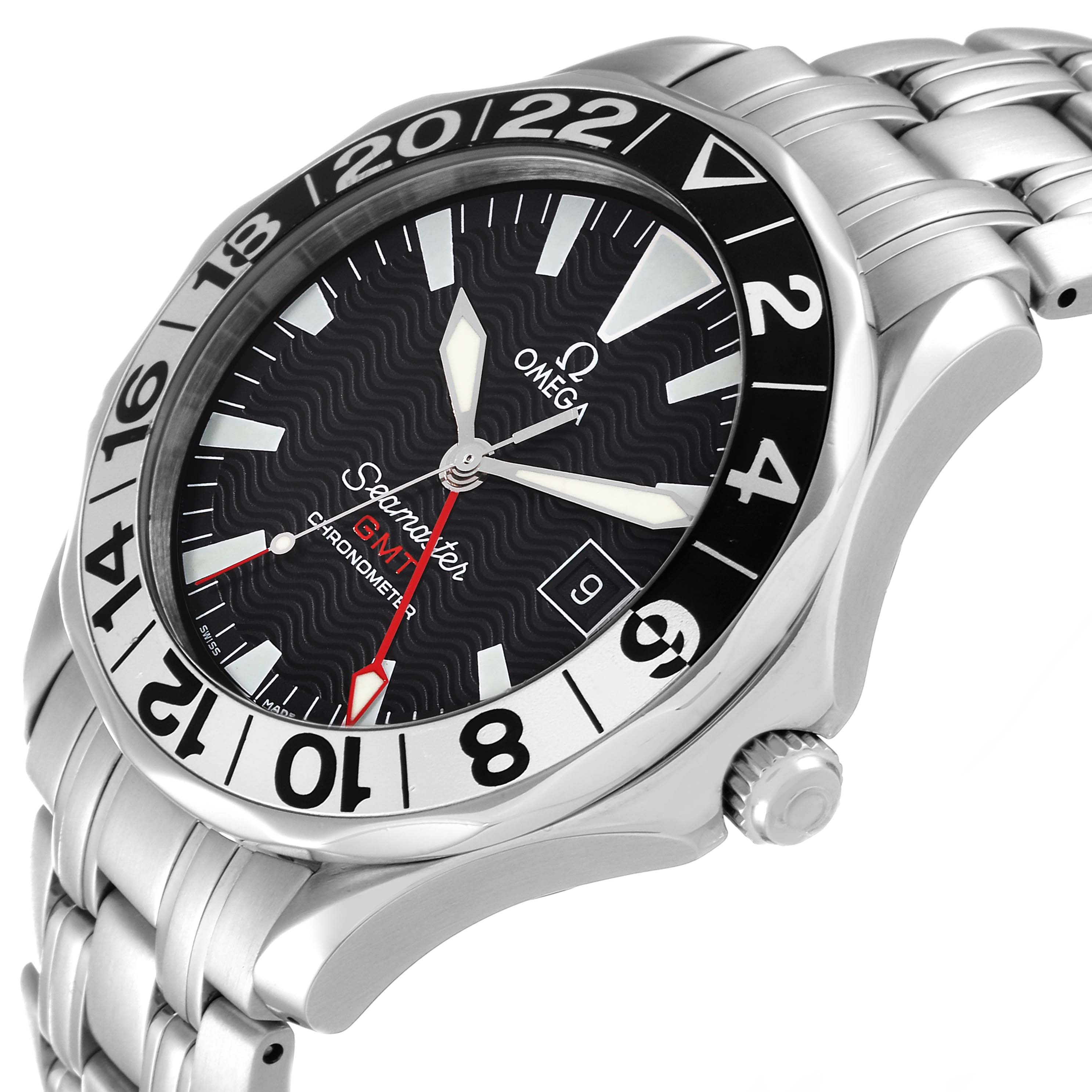 This image shows an angled view of the Omega Seamaster 2534.50.00 Men
s Stainless Steel Black Dial 2534.50.00 Men
s Stainless Steel Black Dial watch, highlighting the face, bezel, and part of the metal bracelet.