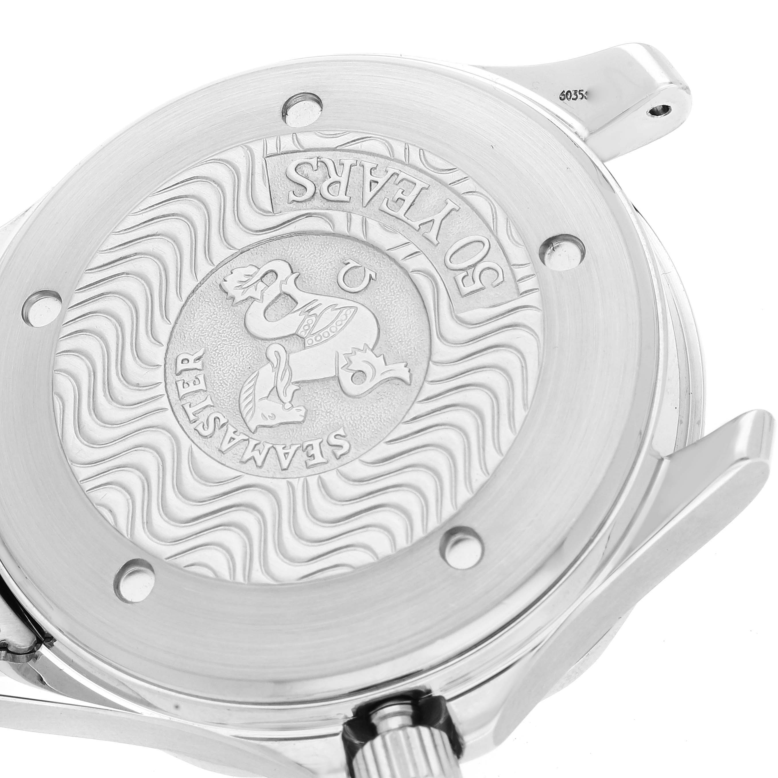 The image shows the back case of an Omega Seamaster 2534.50.00 Men
s Stainless Steel Black Dial 2534.50.00 Men
s Stainless Steel Black Dial watch with an engraved logo and the words "50 YEARS."