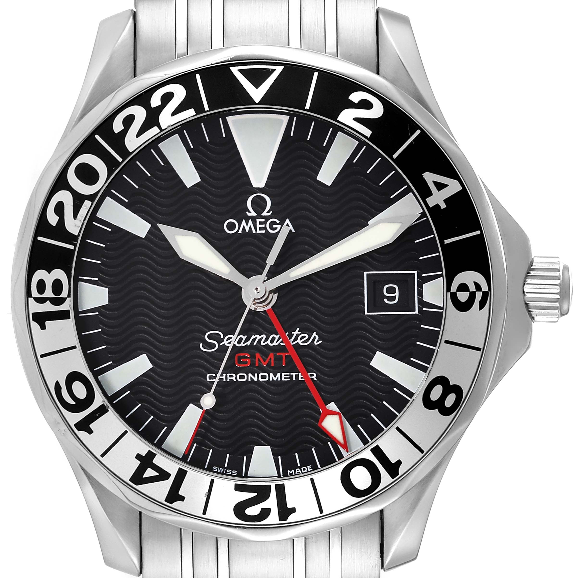 The image shows a front view of an Omega Seamaster 2534.50.00 Men
s Stainless Steel Black Dial 2534.50.00 Men
s Stainless Steel Black Dial GMT Chronometer watch, highlighting the dial, bezel, and case.