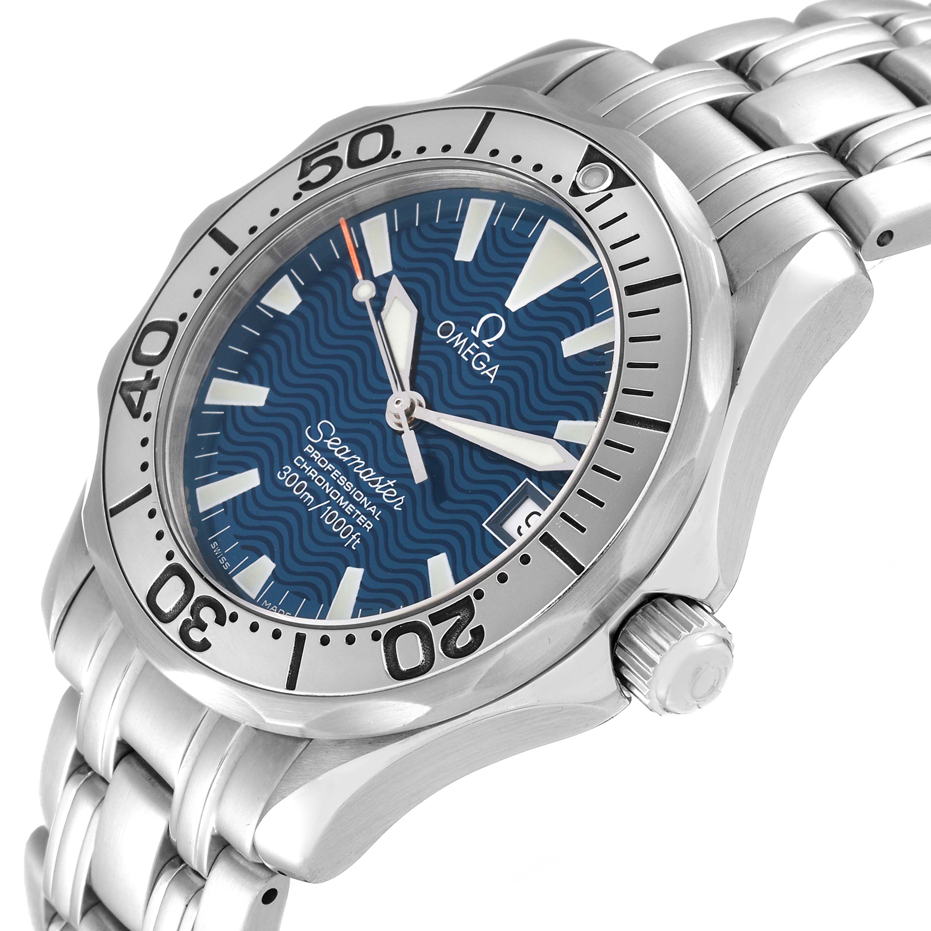 The image shows an angled view of the Omega Seamaster 2554.80.00 Men
s Stainless Steel Blue Dial 2554.80.00 Men
s Stainless Steel Blue Dial watch, highlighting its blue dial, bezel, crown, and metallic bracelet.