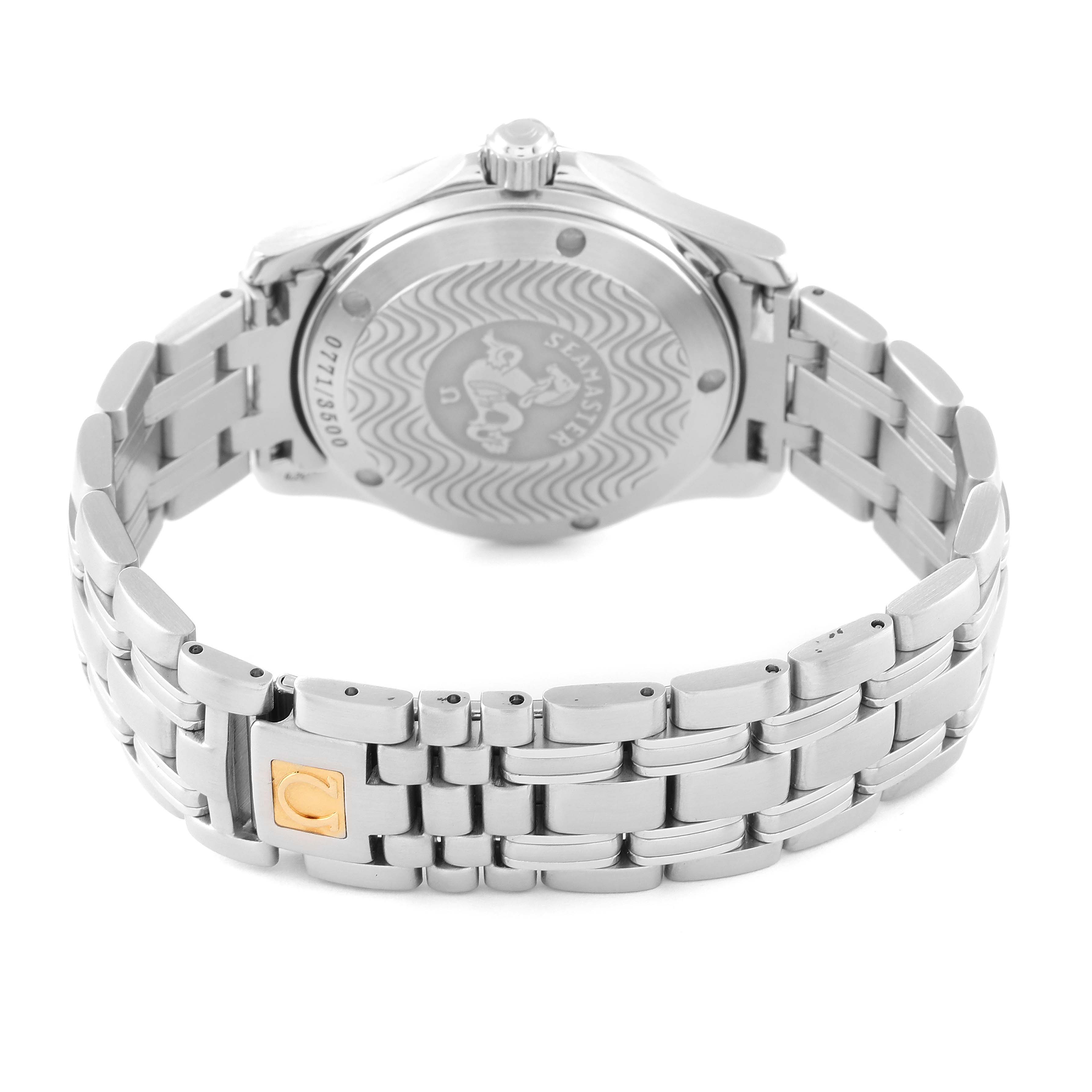 The image shows the back view of an Omega Seamaster 2554.80.00 Men
s Stainless Steel Blue Dial 2554.80.00 Men
s Stainless Steel Blue Dial watch, highlighting the case back and stainless steel bracelet.