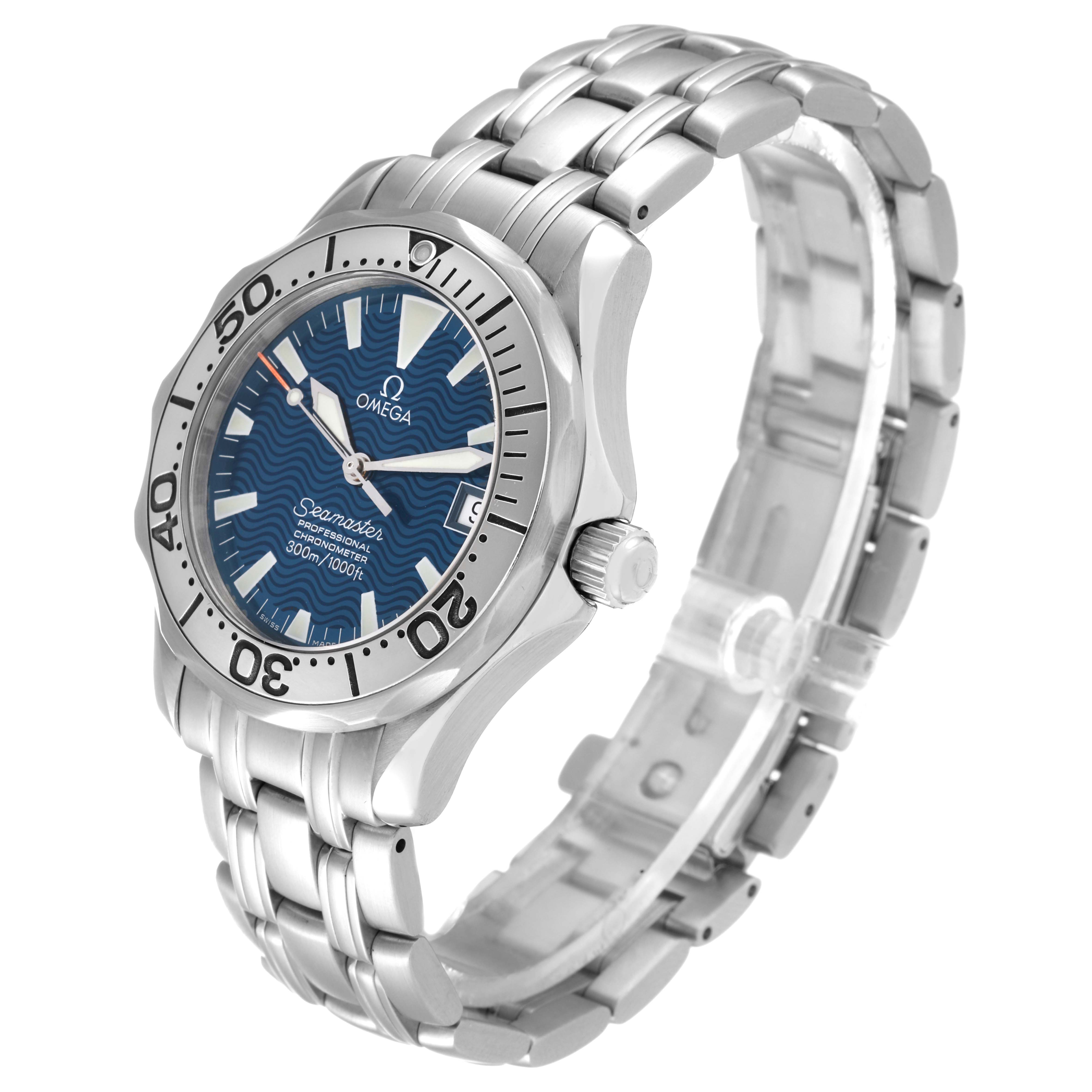 The Omega Seamaster 2554.80.00 Men
s Stainless Steel Blue Dial 2554.80.00 Men
s Stainless Steel Blue Dial watch is shown at an angle showcasing its blue dial, bezel, crown, and stainless steel bracelet.