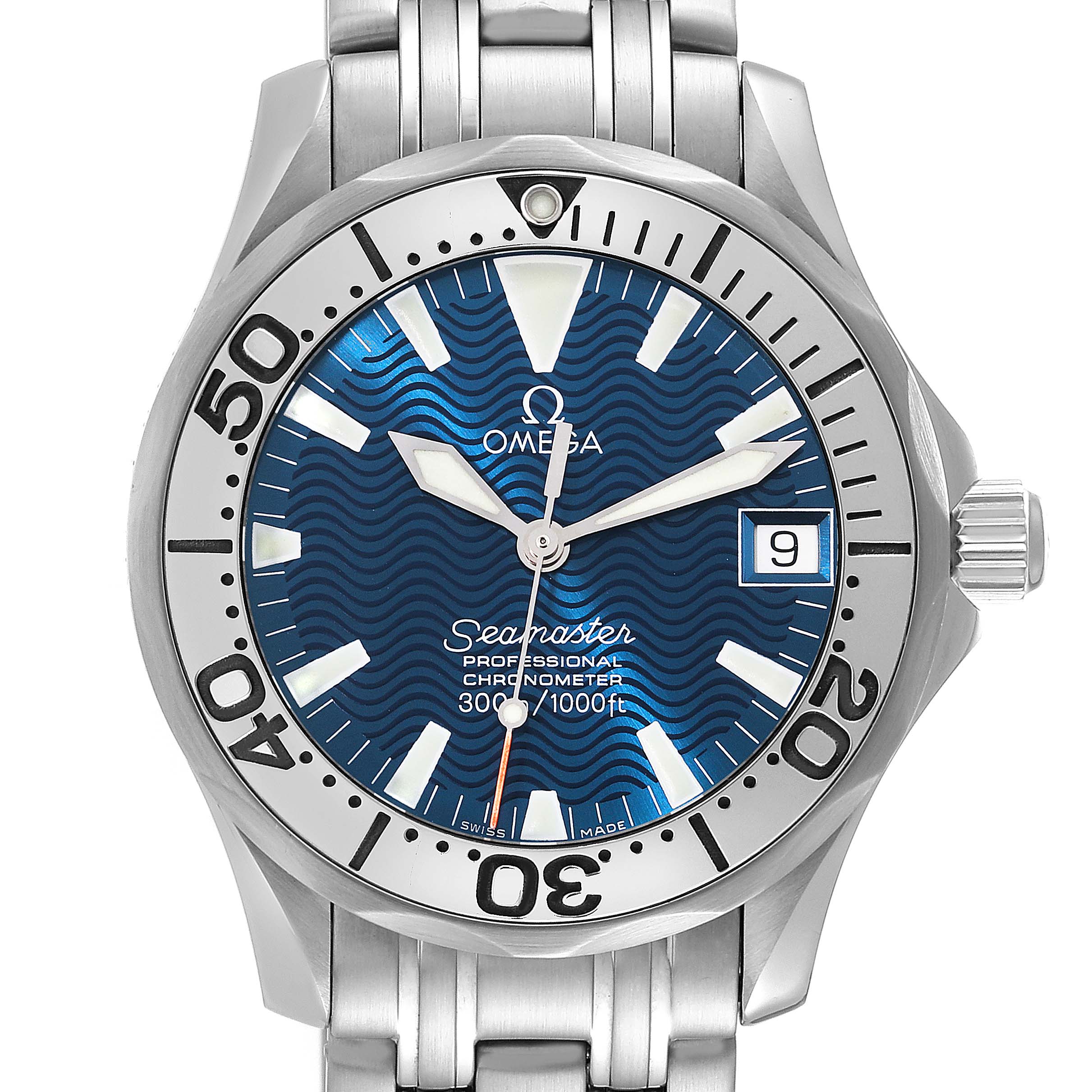 The Omega Seamaster 2554.80.00 Men
s Stainless Steel Blue Dial 2554.80.00 Men
s Stainless Steel Blue Dial watch is shown from a front angle, displaying the dial, bezel, hands, and part of the bracelet.
