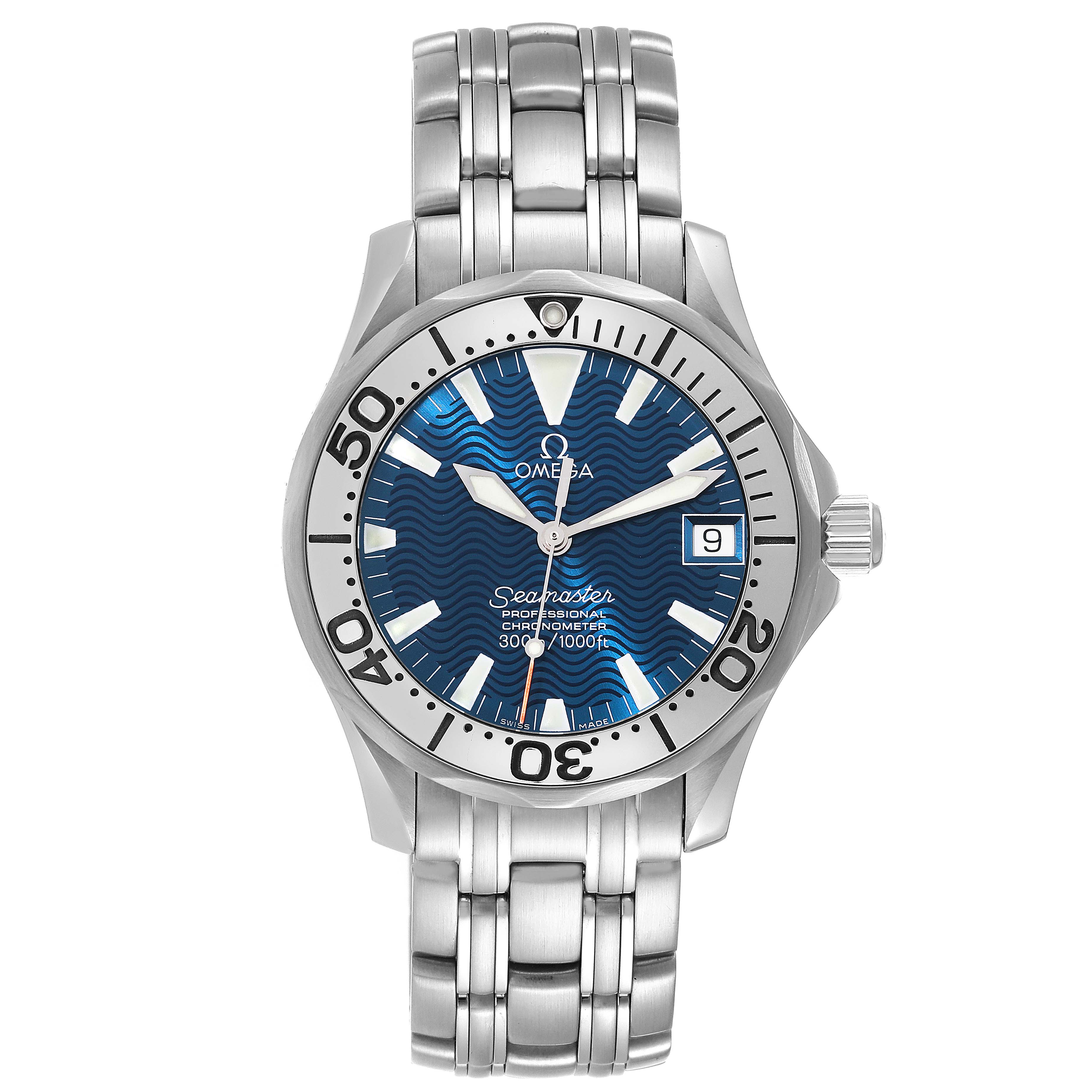 The image shows a front view of the Omega Seamaster 2554.80.00 Men
s Stainless Steel Blue Dial 2554.80.00 Men
s Stainless Steel Blue Dial watch, displaying its face, bezel, and stainless steel bracelet.