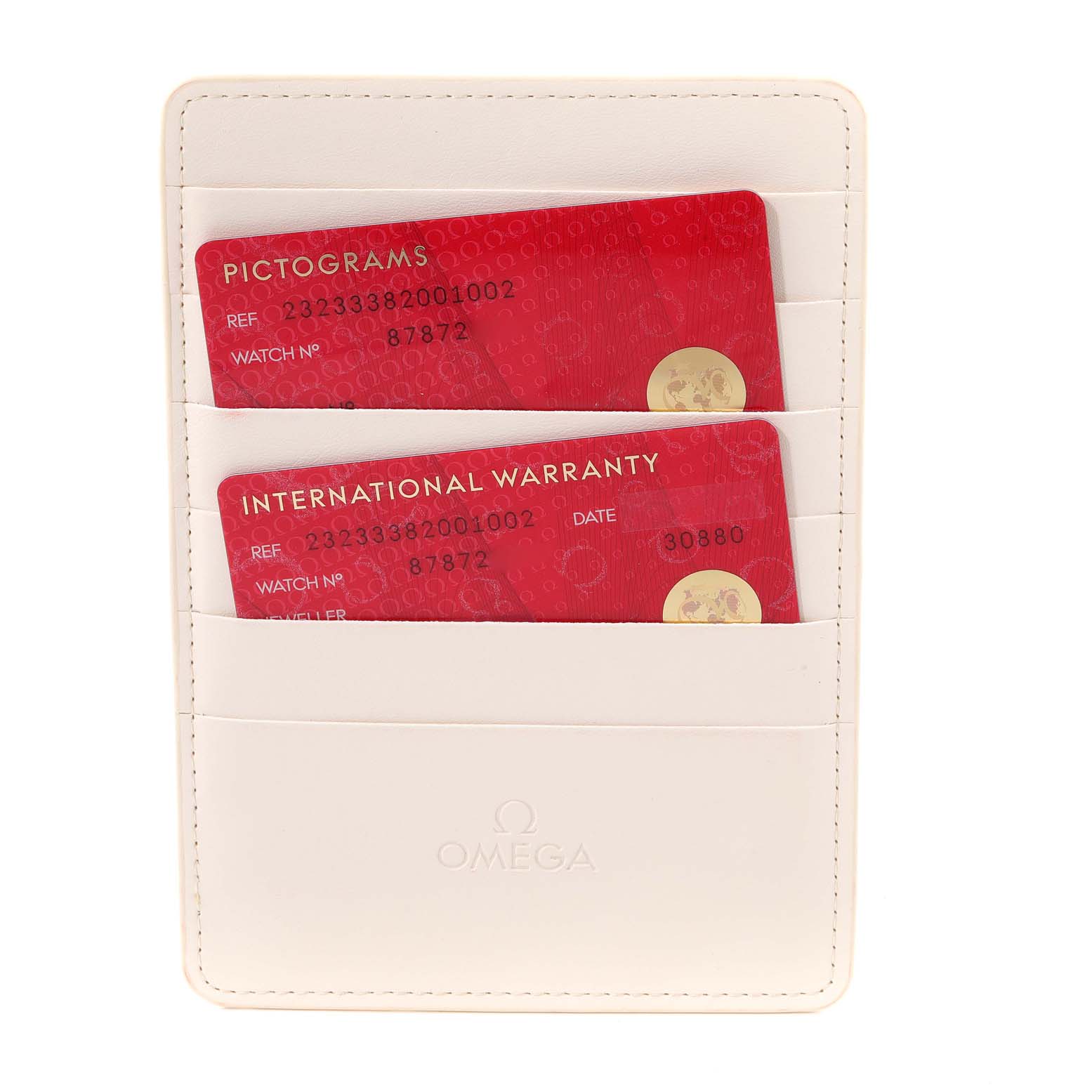 The image shows warranty and pictogram cards for the Omega Planet Ocean 232.33.38.20.01.002 Men
s Stainless Steel Black Dial 232.33.38.20.01.002 Men
s Stainless Steel Black Dial watch, placed inside a white cardholder.