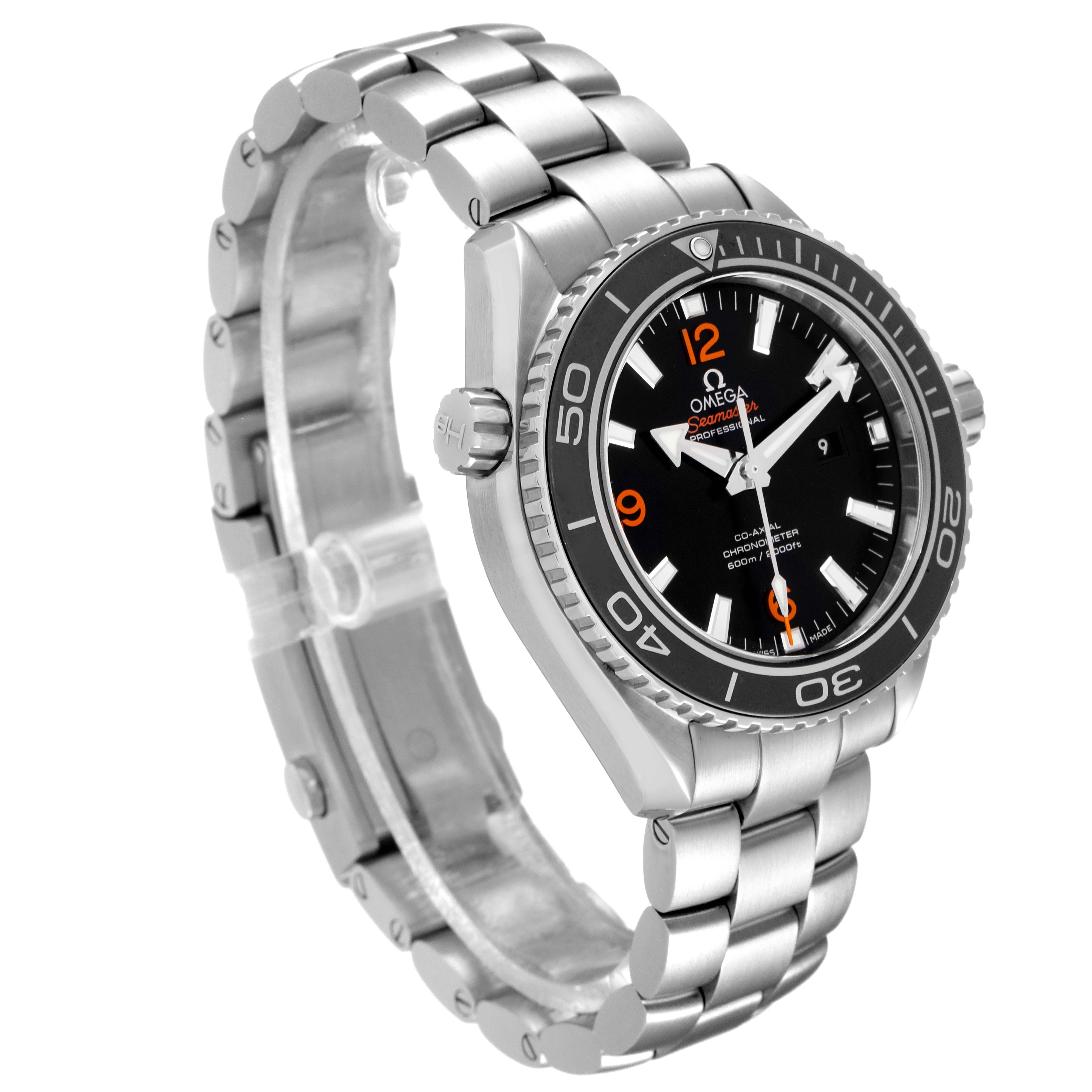 The image shows a side and partial frontal angle of the Omega Planet Ocean 232.33.38.20.01.002 Men
s Stainless Steel Black Dial 232.33.38.20.01.002 Men
s Stainless Steel Black Dial watch, highlighting its face, bezel, and metal bracelet.