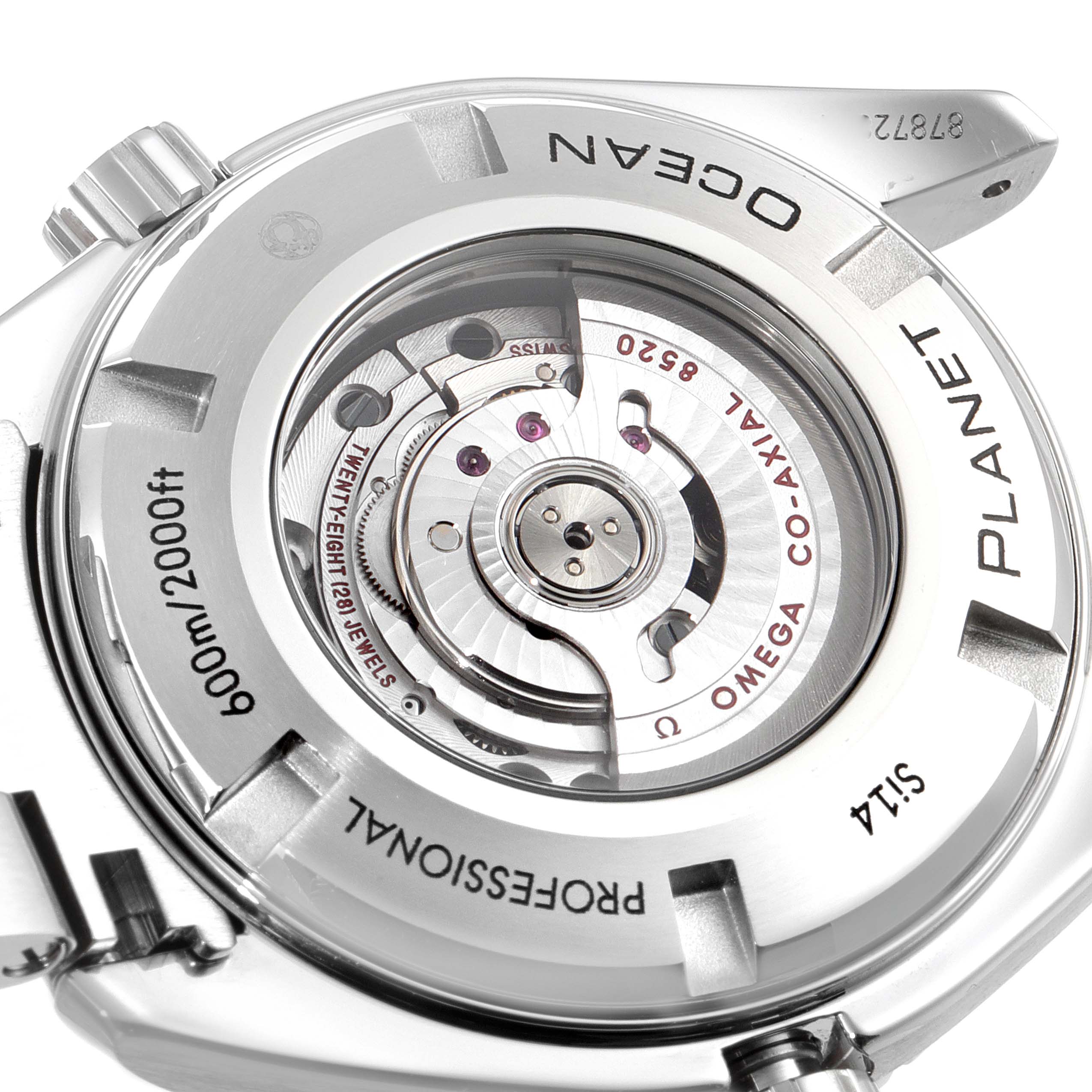 The image shows the back of the Omega Planet Ocean 232.33.38.20.01.002 Men
s Stainless Steel Black Dial 232.33.38.20.01.002 Men
s Stainless Steel Black Dial watch, displaying the movement and details about water resistance and specifications.