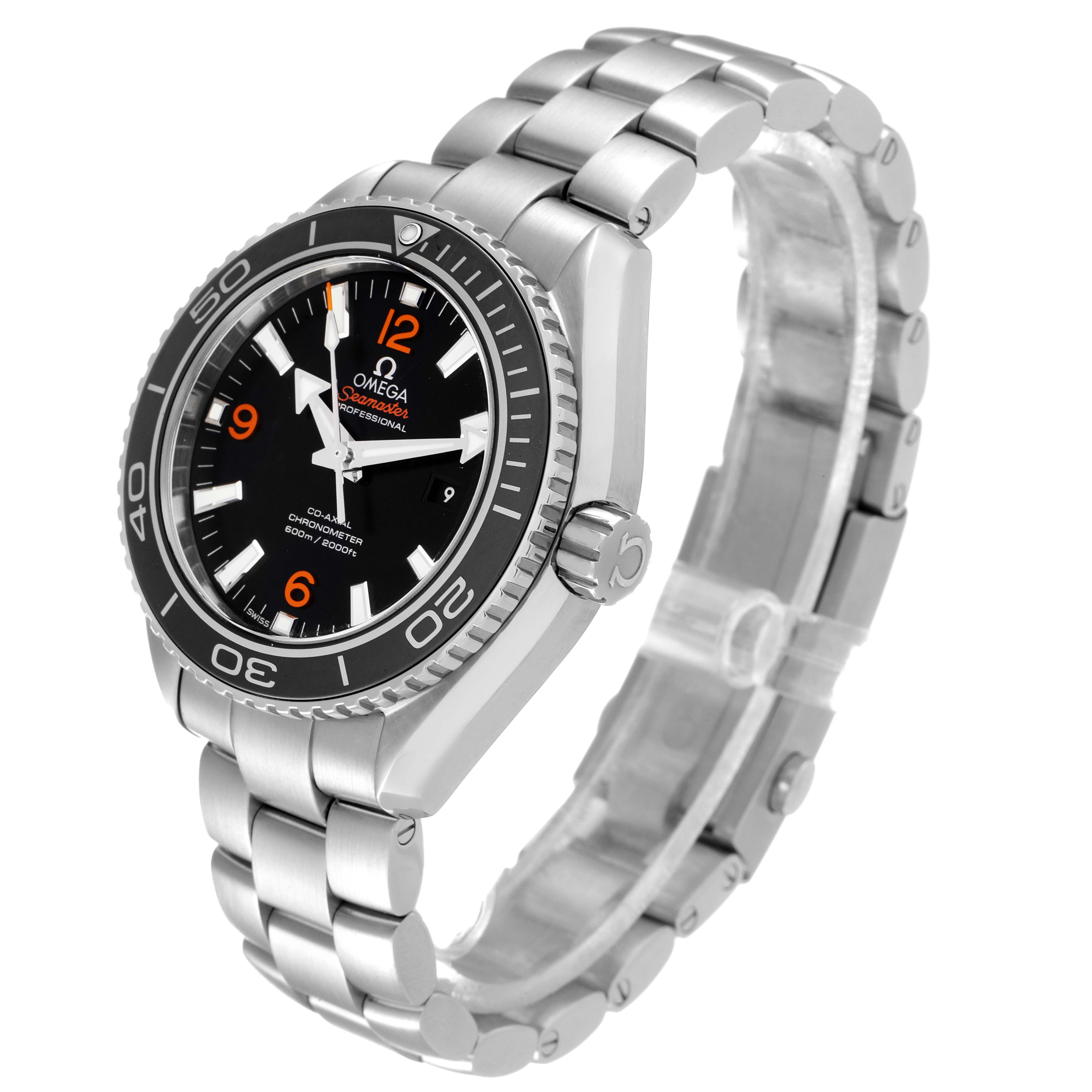 The image shows an angled view of an Omega Planet Ocean 232.33.38.20.01.002 Men
s Stainless Steel Black Dial 232.33.38.20.01.002 Men
s Stainless Steel Black Dial watch, displaying the bracelet, bezel, dial, and crown.