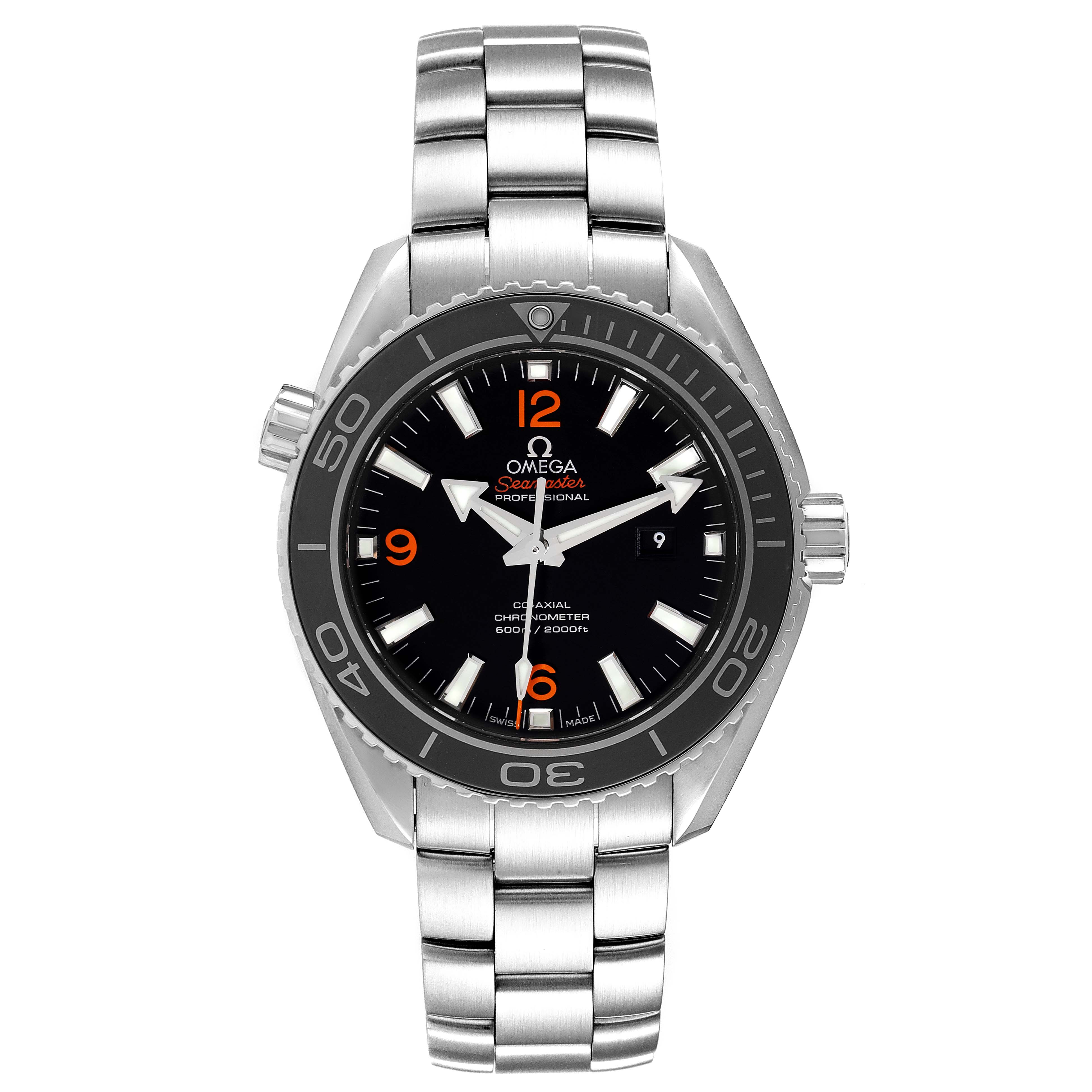 The image shows a front view of an Omega Planet Ocean 232.33.38.20.01.002 Men
s Stainless Steel Black Dial 232.33.38.20.01.002 Men
s Stainless Steel Black Dial watch, highlighting its dial, bezel, and metal bracelet.