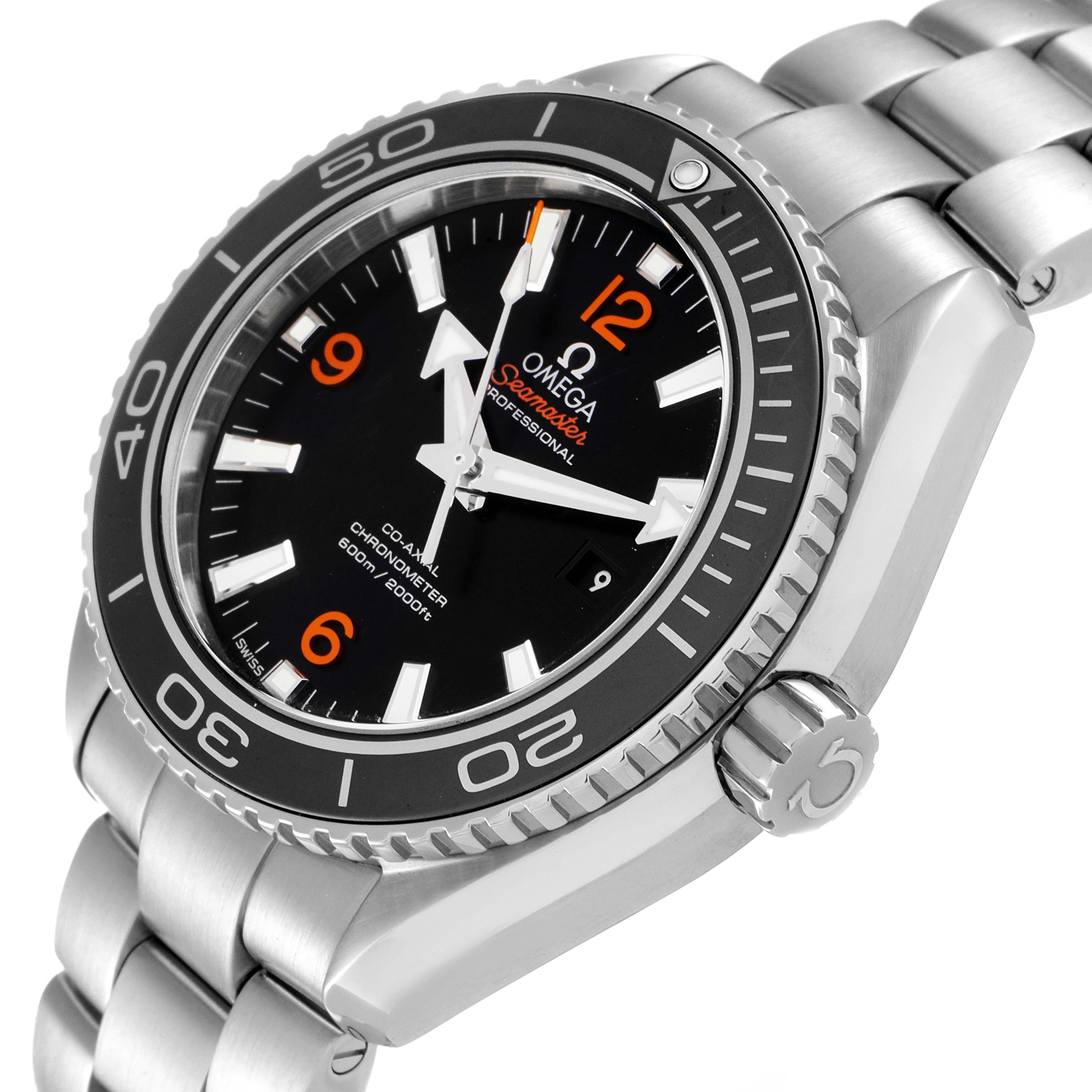 The image shows a close-up angle of the Omega Planet Ocean 232.33.38.20.01.002 Men
s Stainless Steel Black Dial 232.33.38.20.01.002 Men
s Stainless Steel Black Dial watch, highlighting the dial, bezel, and stainless steel bracelet.