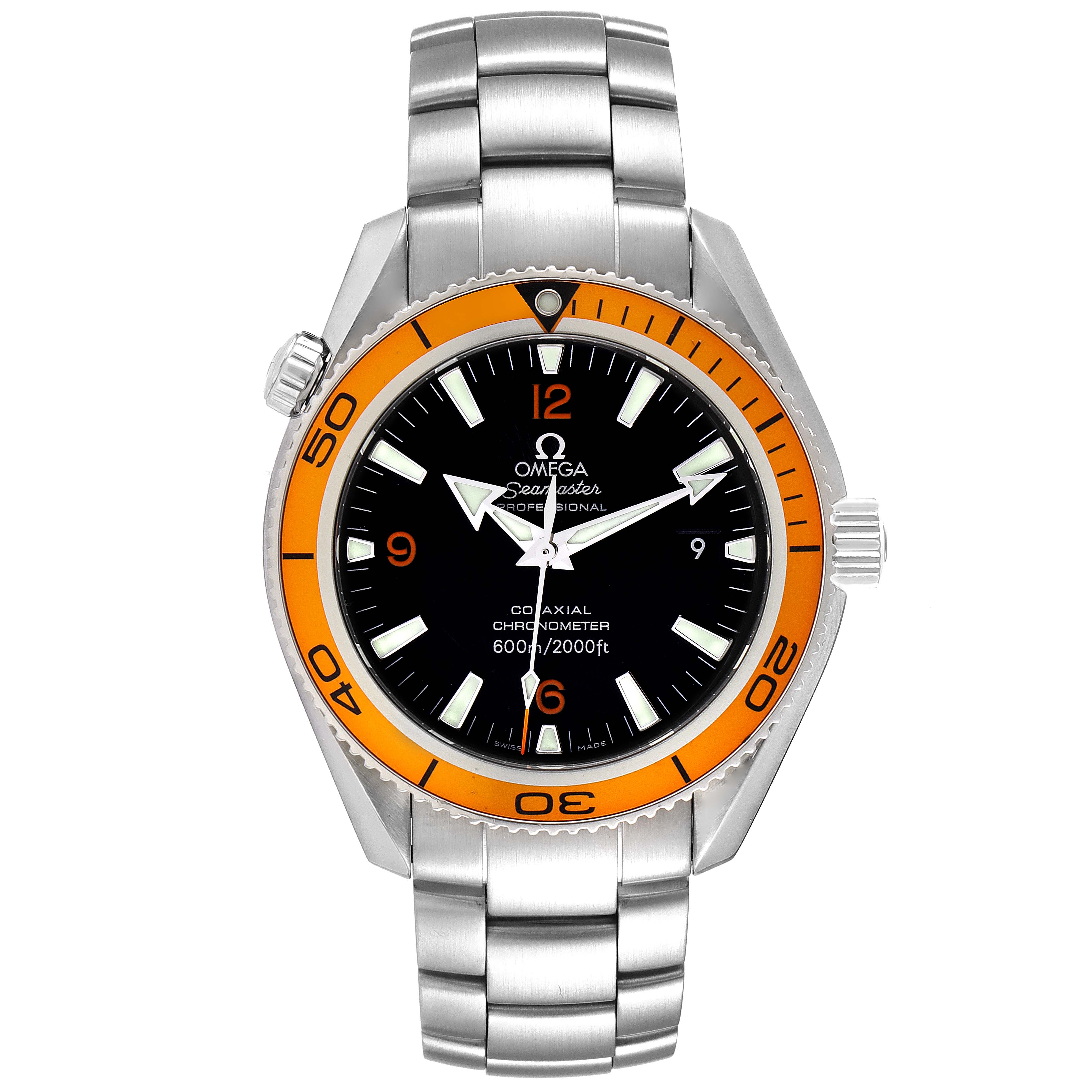 This image shows a front view of the Omega Planet Ocean 2209.50.00 Men's Stainless Steel Black Dial 2209.50.00 Men's Stainless Steel Black Dial watch, highlighting its dial, bezel, and bracelet.