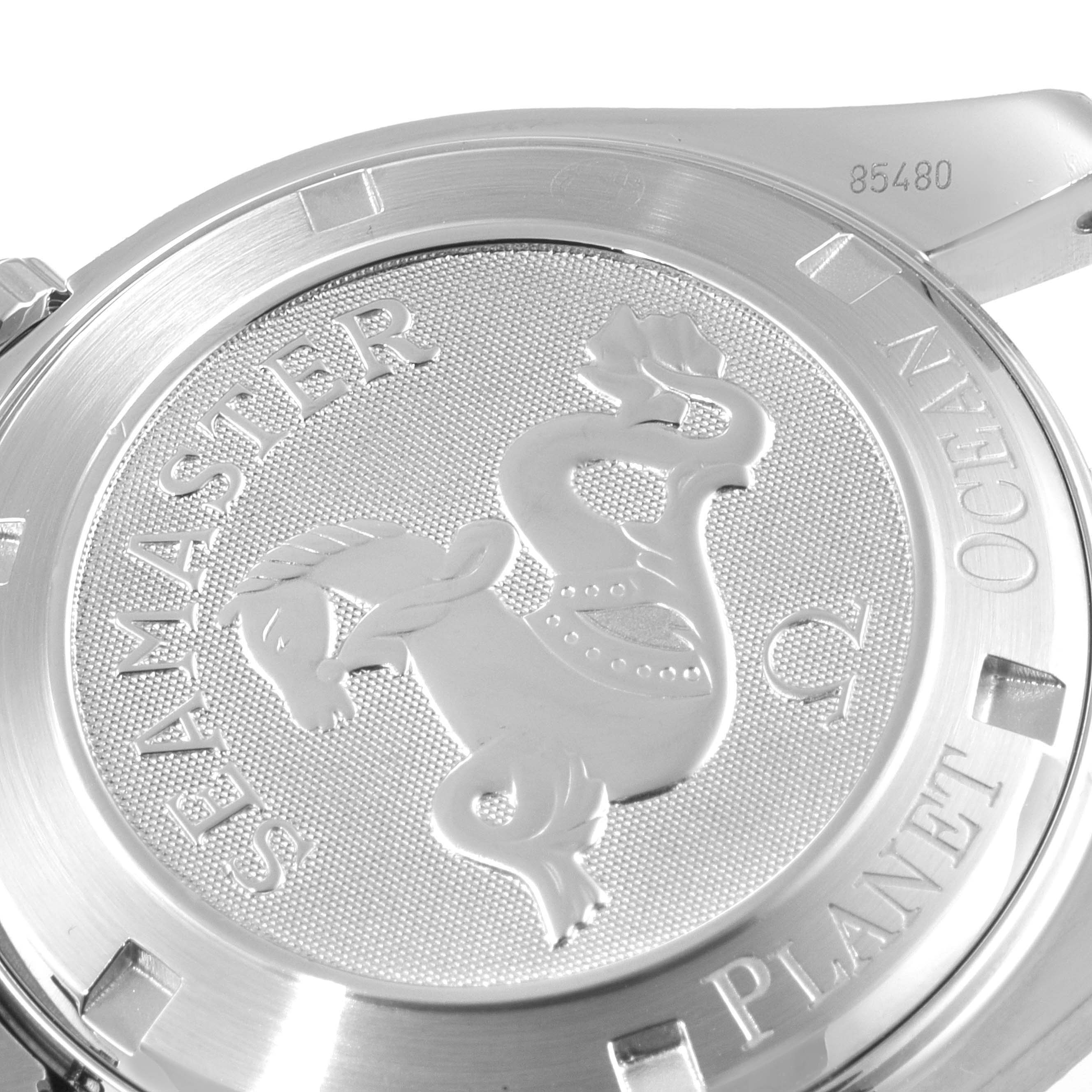 The image shows the case back of an Omega Planet Ocean 2209.50.00 Men's Stainless Steel Black Dial 2209.50.00 Men's Stainless Steel Black Dial watch with the "SEAMASTER" and "PLANET OCEAN" engravings.